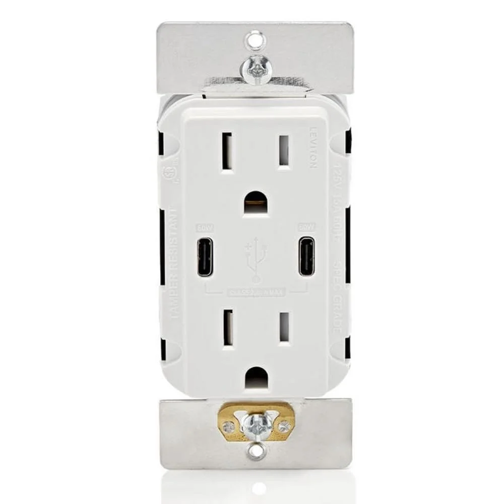 شارژر دیواری دوگانه USB Type-C/C Leviton 60W (6A) با پریز 15 آمپری مقاوم در برابر دستکاری، شارژر USB برای تلفن های هوشمند، تبلت ها، لپ تاپ ها، T5636-W، سفید شارژر دیواری دوگانه USB Type-C/C Leviton 60W (6A) با پریز 15 آمپری مقاوم در برابر دستکاری، شارژر USB برای تلفن های هوشمند، تبلت ها، لپ تاپ ها، T5636-W، سفید