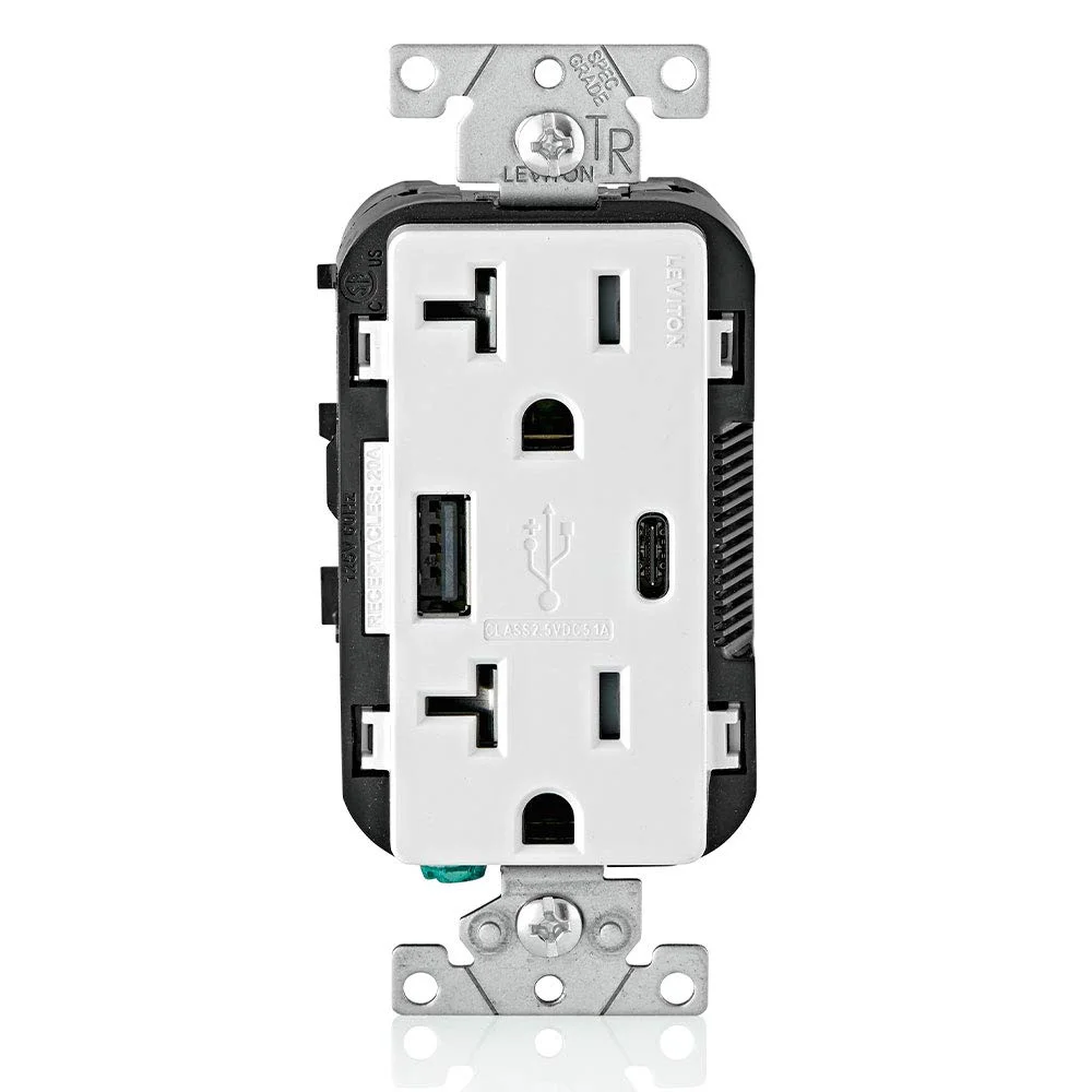 شارژر دیواری USB نوع A و نوع C Leviton با پریز مقاوم در برابر دستکاری 20 آمپر، شارژر USB برای تلفن های هوشمند و تبلت ها. مناسب برای لپ تاپ نیست، T5633-W، سفید شارژر دیواری USB نوع A و نوع C Leviton با پریز مقاوم در برابر دستکاری 20 آمپر، شارژر USB برای تلفن های هوشمند و تبلت ها. مناسب برای لپ تاپ نیست، T5633-W، سفید