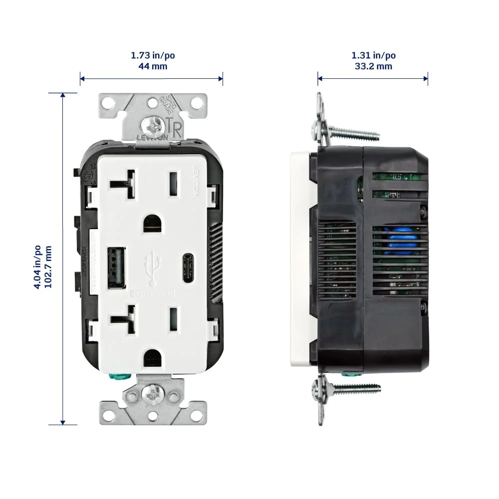 شارژر دیواری USB نوع A و نوع C Leviton با پریز مقاوم در برابر دستکاری 20 آمپر، شارژر USB برای تلفن های هوشمند و تبلت ها. مناسب برای لپ تاپ نیست، T5633-W، سفید شارژر دیواری USB نوع A و نوع C Leviton با پریز مقاوم در برابر دستکاری 20 آمپر، شارژر USB برای تلفن های هوشمند و تبلت ها. مناسب برای لپ تاپ نیست، T5633-W، سفید