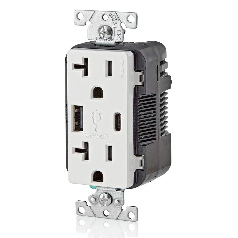 شارژر دیواری USB نوع A و نوع C Leviton با پریز مقاوم در برابر دستکاری 20 آمپر، شارژر USB برای تلفن های هوشمند و تبلت ها. مناسب برای لپ تاپ نیست، T5633-W، سفید شارژر دیواری USB نوع A و نوع C Leviton با پریز مقاوم در برابر دستکاری 20 آمپر، شارژر USB برای تلفن های هوشمند و تبلت ها. مناسب برای لپ تاپ نیست، T5633-W، سفید