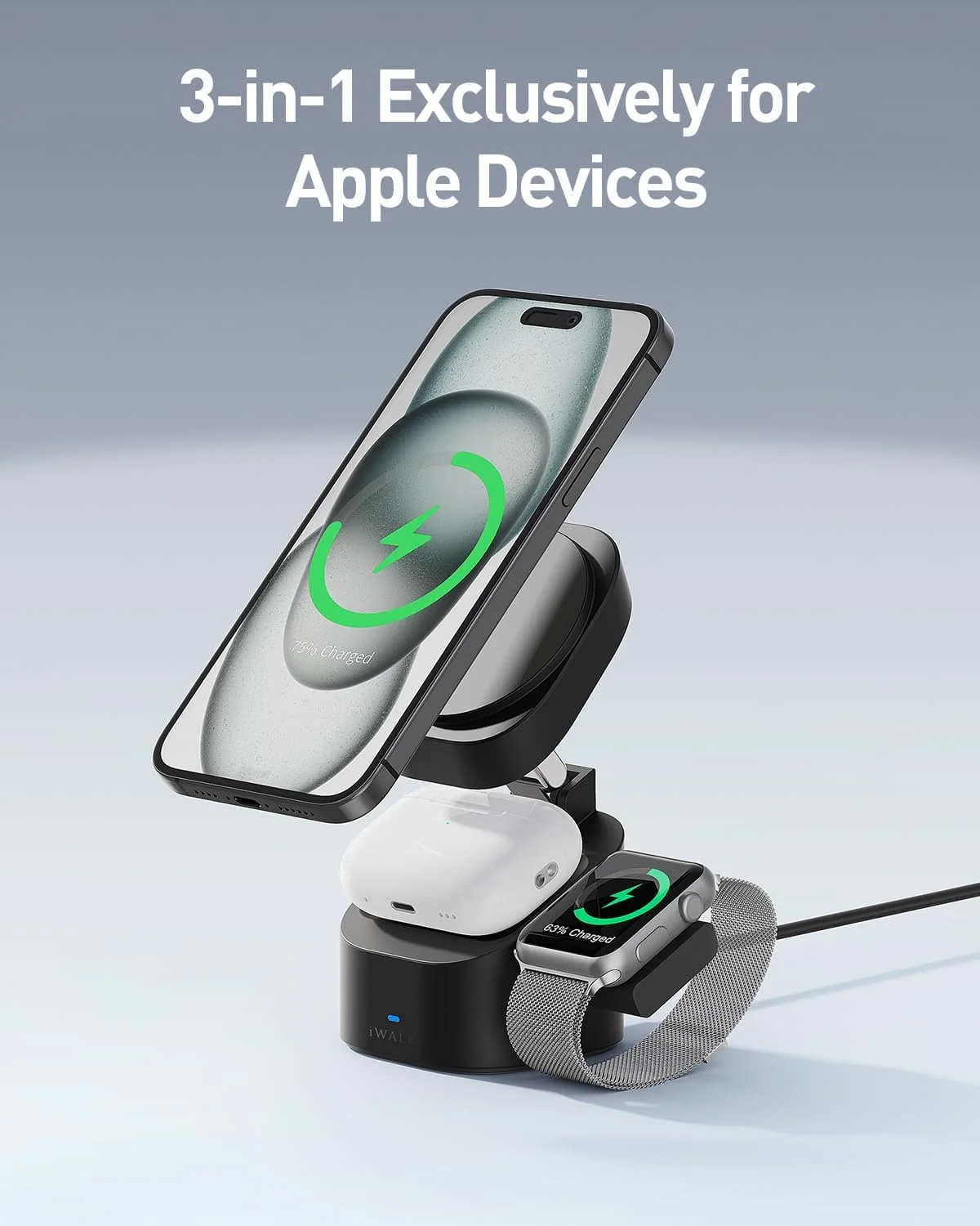 پایه شارژ بیسیم مغناطیسی 3 در 1 iWALK، استند شارژ تاشو 15 واتی برای آیفون 16/15/14/13/12، اپل واچ و ایرپادز، داک قابل تنظیم با آداپتور USB-C 20 واتی پایه شارژ بیسیم مغناطیسی 3 در 1 iWALK، استند شارژ تاشو 15 واتی برای آیفون 16/15/14/13/12، اپل واچ و ایرپادز، داک قابل تنظیم با آداپتور USB-C 20 واتی