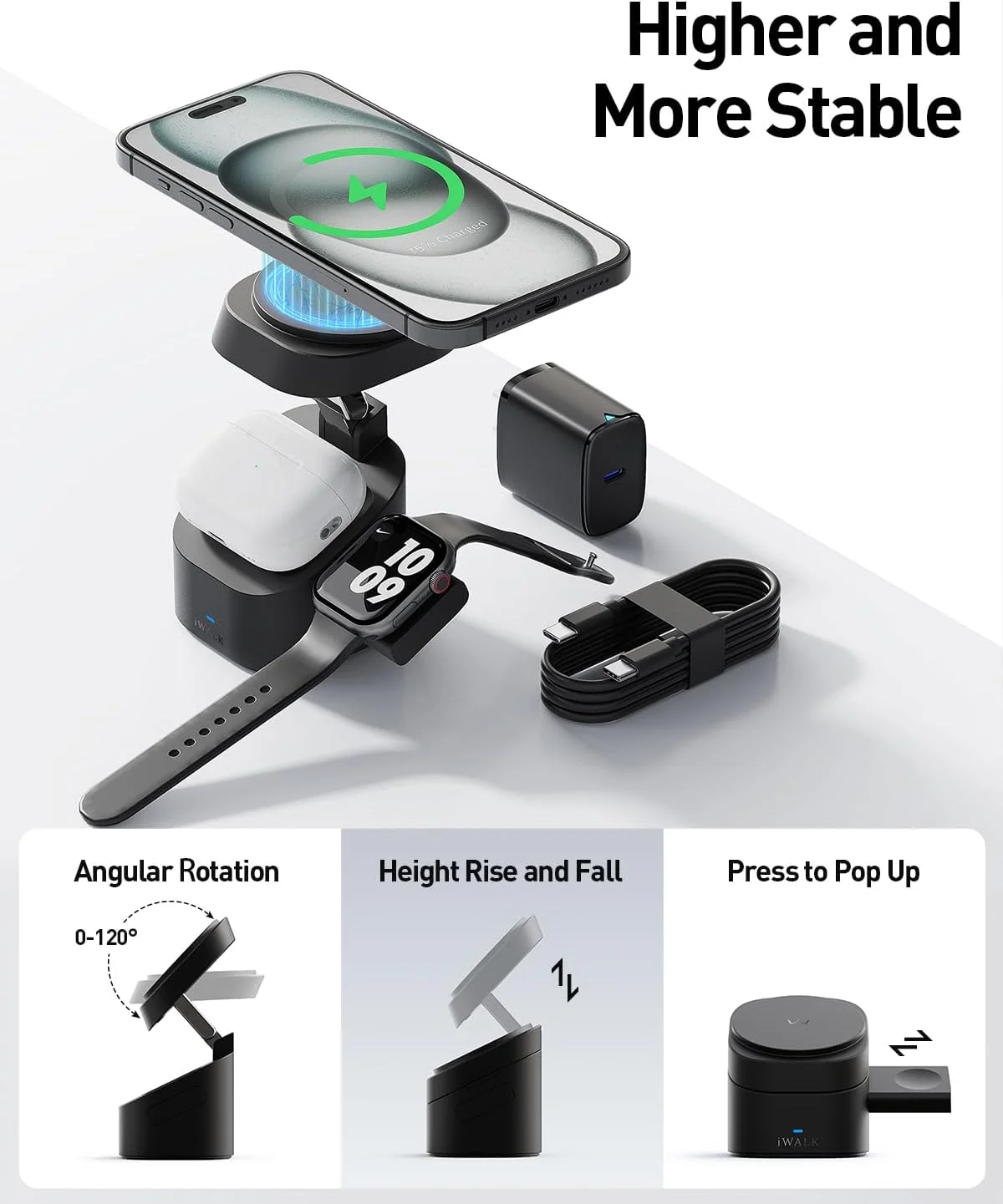 پایه شارژ بیسیم مغناطیسی 3 در 1 iWALK، استند شارژ تاشو 15 واتی برای آیفون 16/15/14/13/12، اپل واچ و ایرپادز، داک قابل تنظیم با آداپتور USB-C 20 واتی پایه شارژ بیسیم مغناطیسی 3 در 1 iWALK، استند شارژ تاشو 15 واتی برای آیفون 16/15/14/13/12، اپل واچ و ایرپادز، داک قابل تنظیم با آداپتور USB-C 20 واتی
