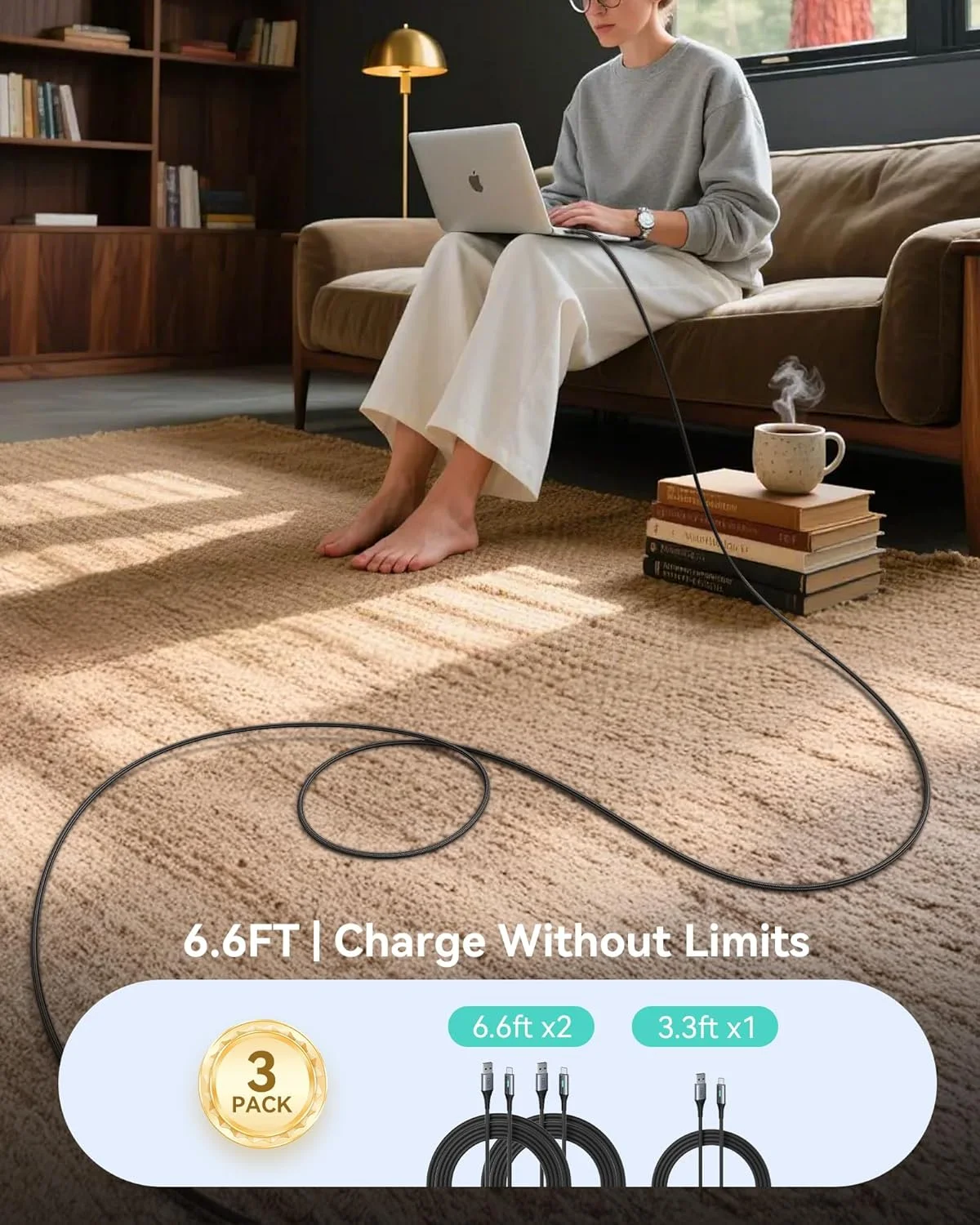 کابل USB به USB C اینیو، [بسته 3 عددی، 2 متر + 0.5 متر] کابل تایپ C با شارژ سریع 3.1 آمپر، کابل شارژر نایلونی USB A به USB-C اندروید برای Samsung Galaxy S24 S23 S22 S21 S10 S9 iPhone 16 15 Pro Pixel 9 8 7 و غیره.