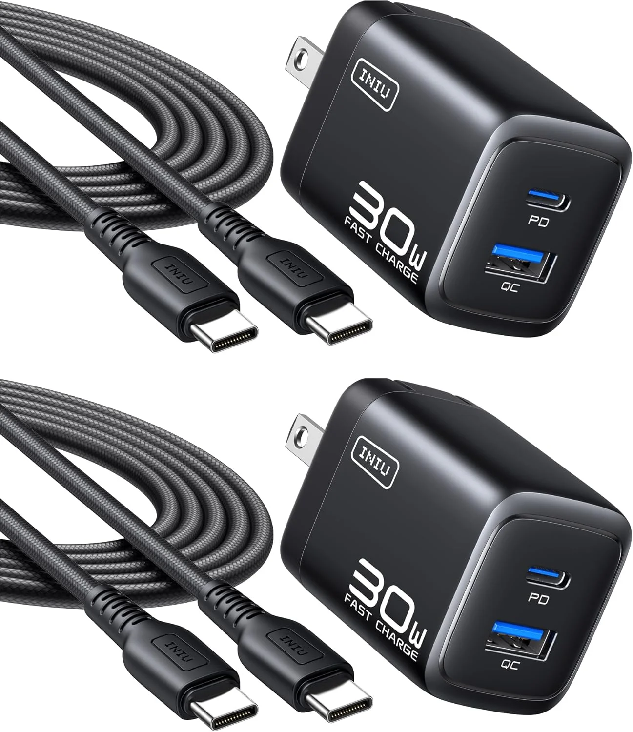 شارژر INIU برای آیفون 17، بسته 2 عددی شارژر سریع 30 واتی USB-C + USB-A، شارژر تاشو و جمع و جور USBC برای آیفون 17 16 15 پرو مکس، مک بوک ایر M4 آیپد، سامسونگ گلکسی S25 S24 اولترا، شیائومی 17 پرو مکس و غیره