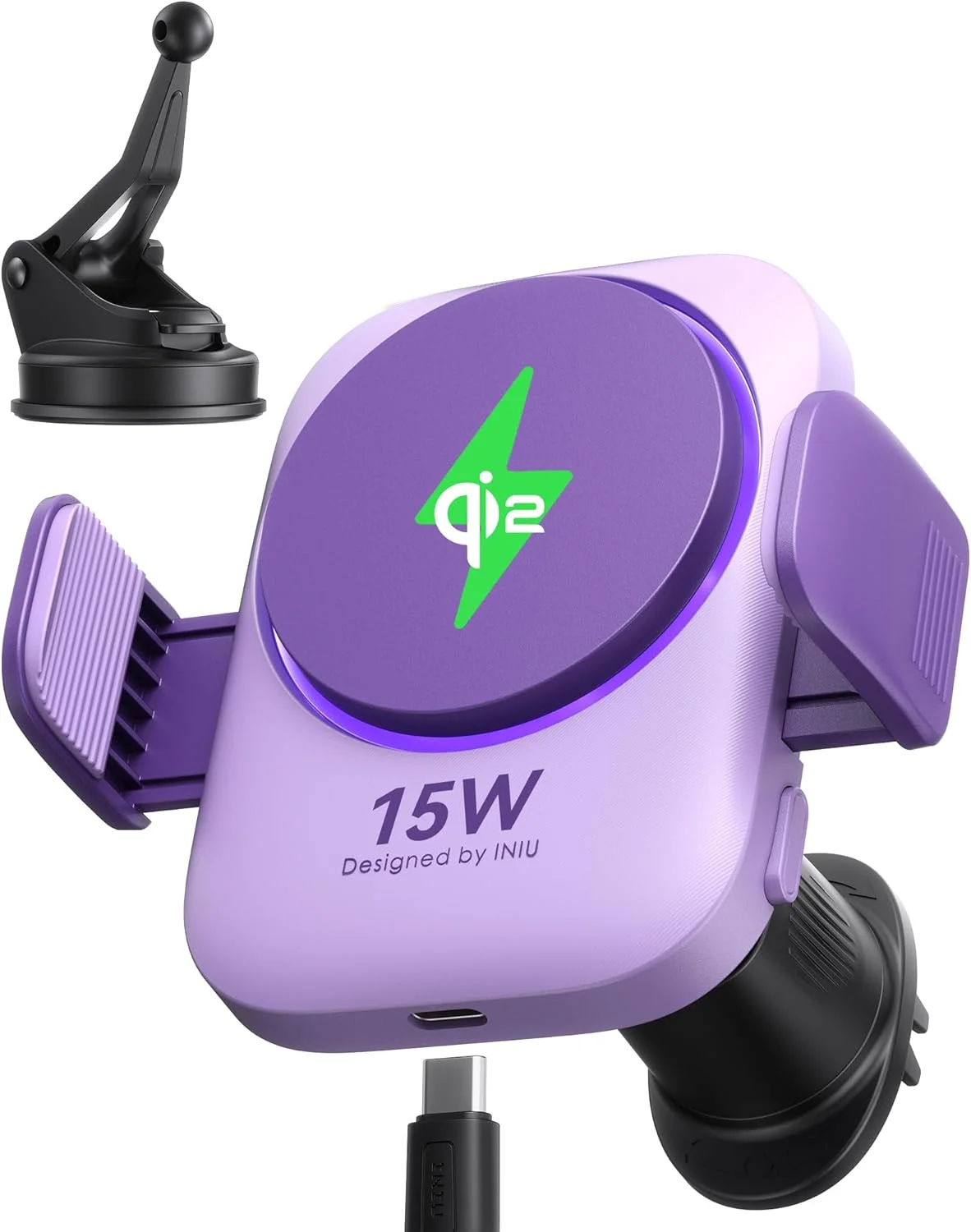 پایه نگهدارنده گوشی خودرو INIU Qi2 دارای شارژر بی‌سیم 15 واتی، فوق‌العاده پایدار 22N برای شارژر خودرو MagSafe با پره‌های خنک‌کننده و نورپردازی RGB فقط برای سری آیفون 16/15/14/13/12، بنفش