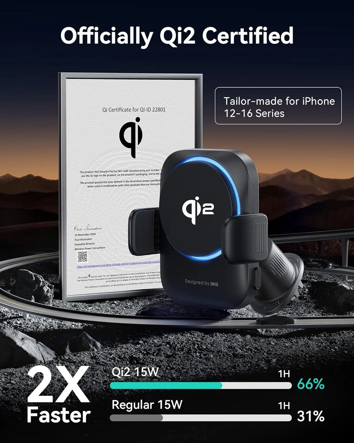 پایه نگهدارنده گوشی خودرو INIU Qi2 دارای شارژر بی‌سیم 15 واتی، فوق‌العاده پایدار 22N برای شارژر خودرو MagSafe با پره‌های خنک‌کننده و نورپردازی RGB فقط برای سری آیفون 16/15/14/13/12، بنفش