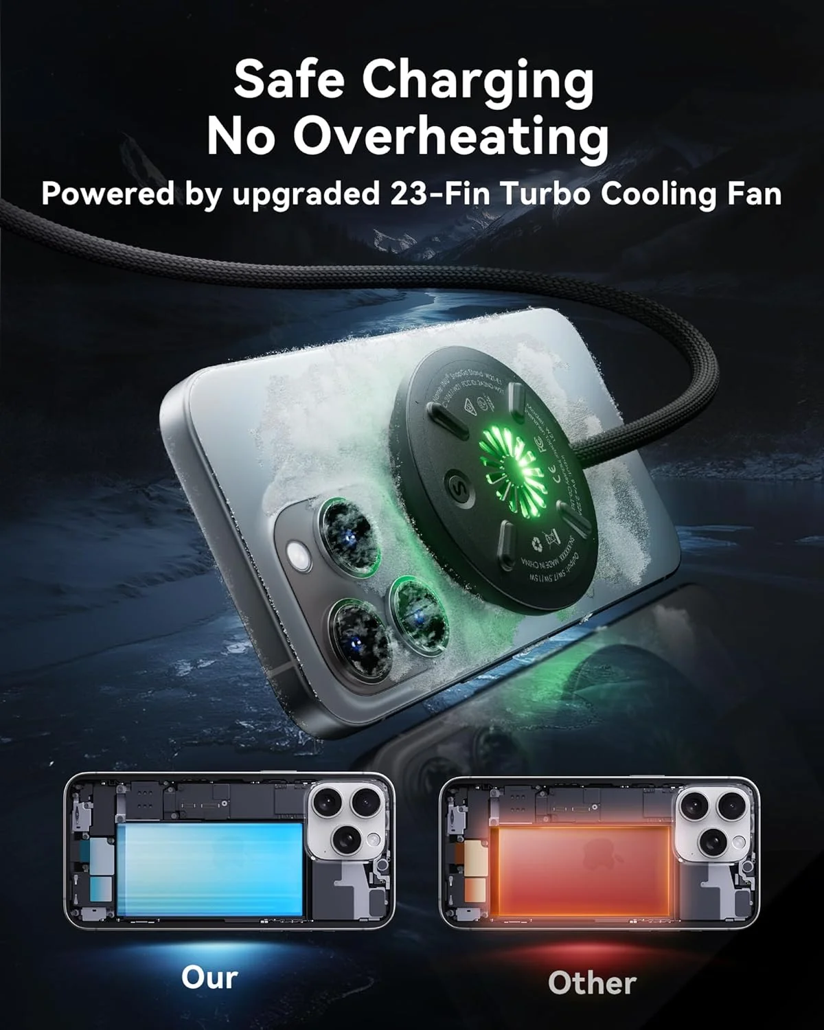 شارژر بی‌سیم مغناطیسی INIU، پد شارژ بی‌سیم سریع 15 واتی Mag-Safe دارای گواهینامه Qi2 با فن خنک‌کننده، فقط برای سری آیفون 17 16 15 14 13 12، ایرپادز و موارد دیگر (آداپتور شامل)