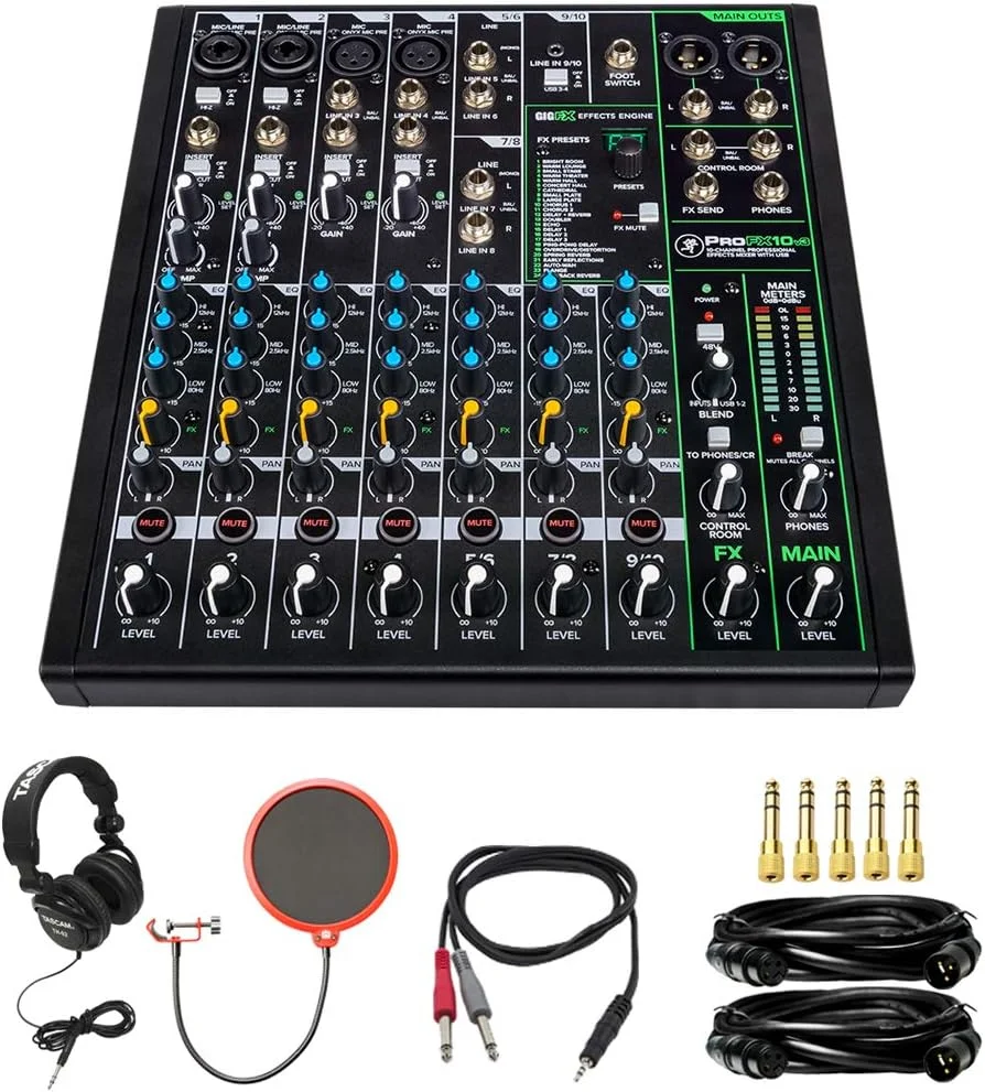 میکسر افکت دار حرفه ای 10 کانال Mackie PROFX10V3 با USB به همراه هدفون حرفه ای پشت بسته Tascam مدل TH-02-B مشکی و بسته لوازم جانبی لوکس