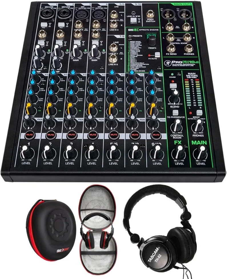 میکسر حرفه ای 10 کانال Mackie PROFX10V3 با USB به همراه هدفون حرفه ای پشت بسته Tascam و کیف سخت Deco Gear (شامل 3 مورد)