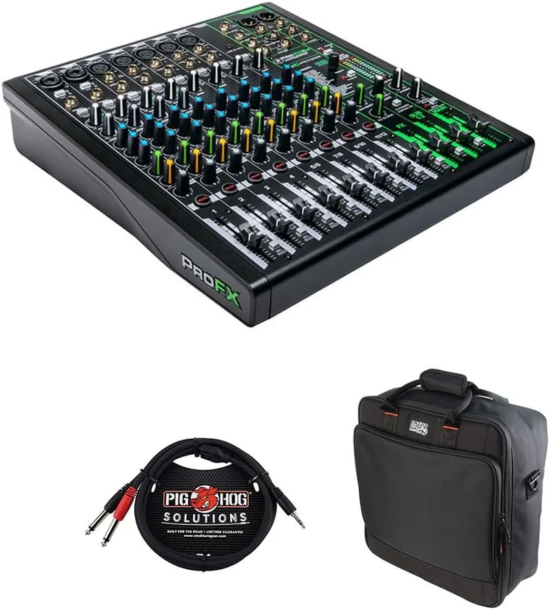 میکسر تقویت صدای 12 کاناله Mackie ProFX12v3 با افکت‌های داخلی، کیف میکسر Gator Cases G-MIXERBAG-1515 و بسته کابل استریو 10 فوتی