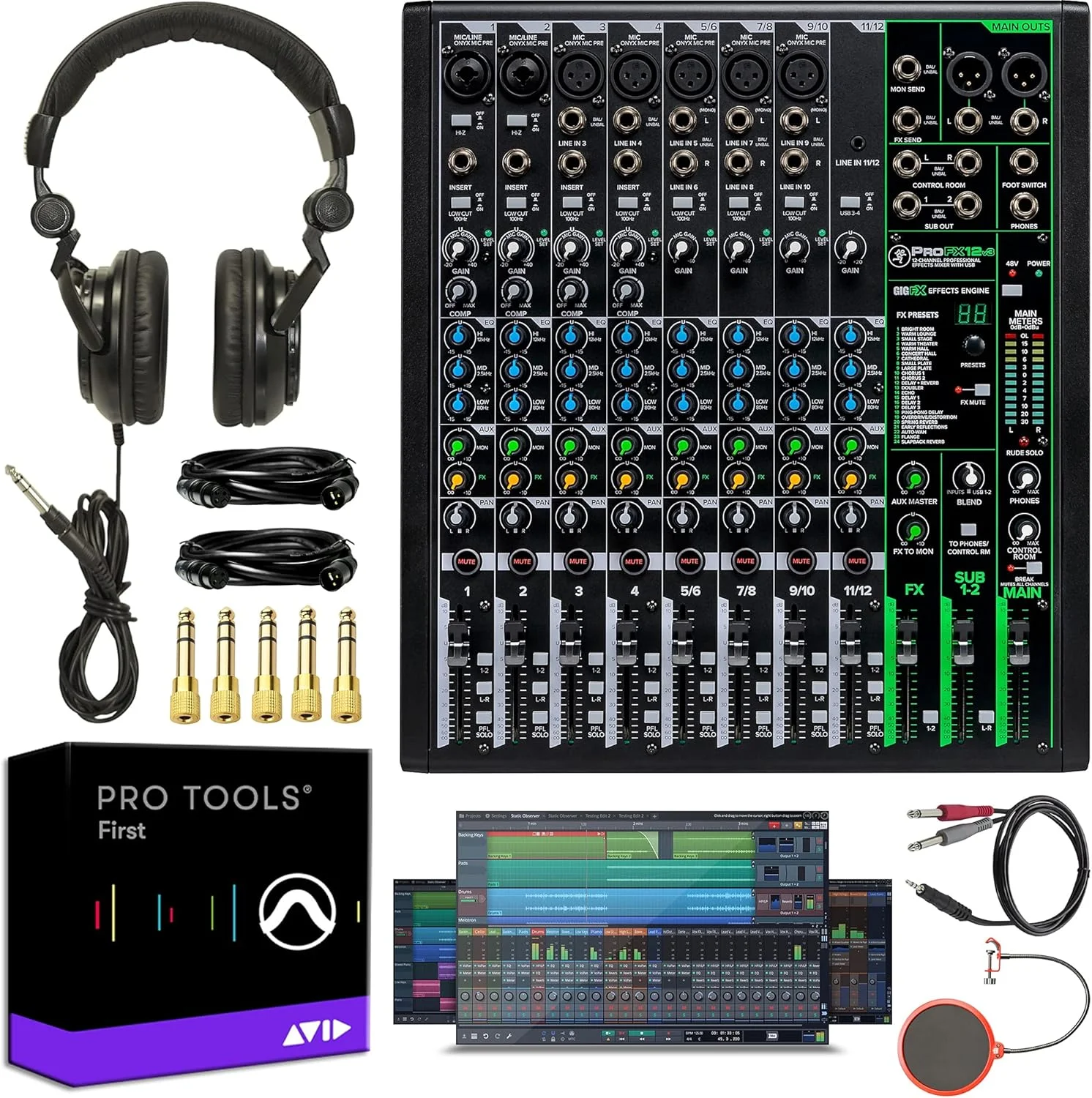 میکسر حرفه ای 12 کاناله Mackie ProFX12v3 سری ProFXv3 با USB و نرم افزار Pro Tools First به همراه هدفون استودیویی Tascam + دو عدد کابل XLR دکو گیر + پاپ فیلتر میکروفون و سایر موارد