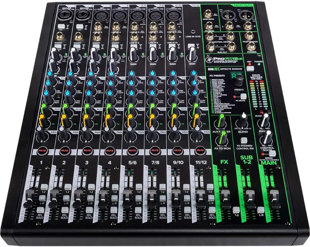میکسر حرفه ای 12 کاناله Mackie ProFX12v3 سری ProFXv3 با USB و نرم افزار Pro Tools First به همراه هدفون استودیویی Tascam + دو عدد کابل XLR دکو گیر + پاپ فیلتر میکروفون و سایر موارد