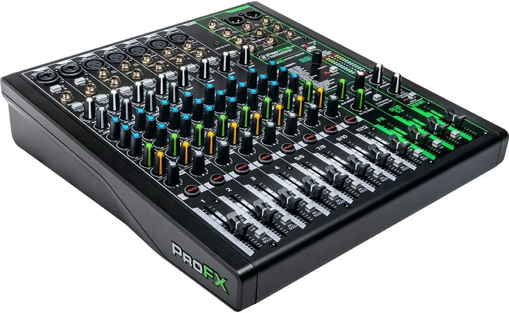 میکسر حرفه ای 12 کاناله Mackie ProFX12v3 سری ProFXv3 با USB و نرم افزار Pro Tools First به همراه هدفون استودیویی Tascam + دو عدد کابل XLR دکو گیر + پاپ فیلتر میکروفون و سایر موارد