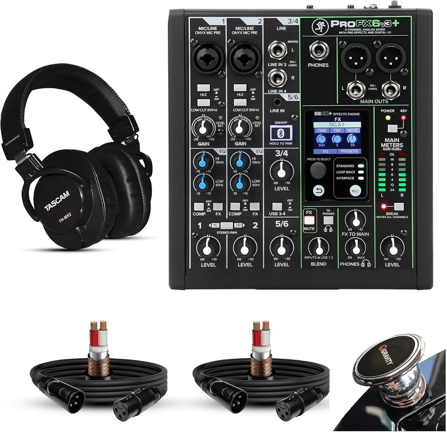 میکسر 6 کاناله Mackie ProFX6v3+ با افکت، بلوتوث و USB به همراه هدفون استودیویی و 2 کابل XLR
