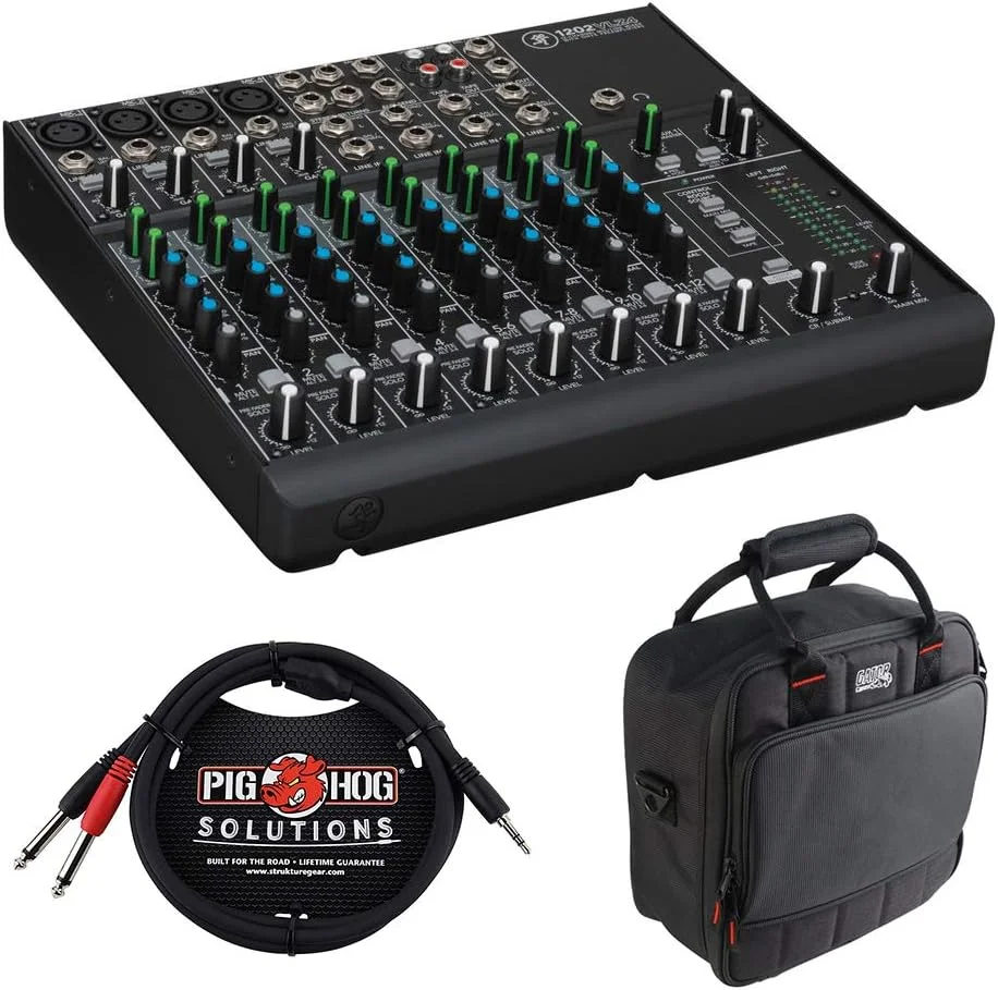 میکسر کامپکت 12 کاناله Mackie 1202VLZ4 به همراه کیف نایلونی پددار G-MIXERBAG-1212 و کابل استریو 3.5 میلی متری به دوگانه 1/4 اینچی Pig Hog مدل PB-S3410 به طول 10 فوت