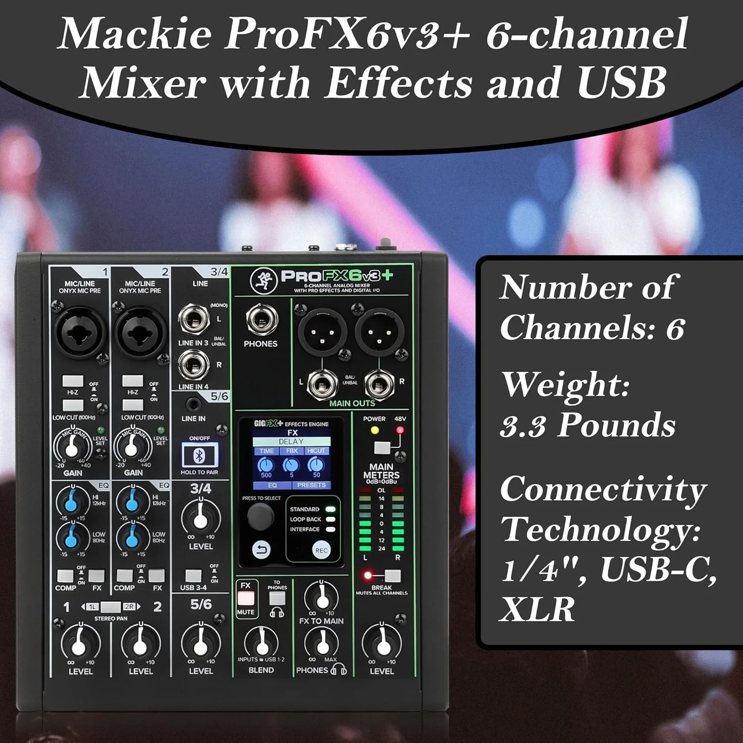 میکسر 6 کاناله Mackie ProFX6v3+ با افکت، بلوتوث و USB به همراه هدفون استودیویی و 2 کابل XLR