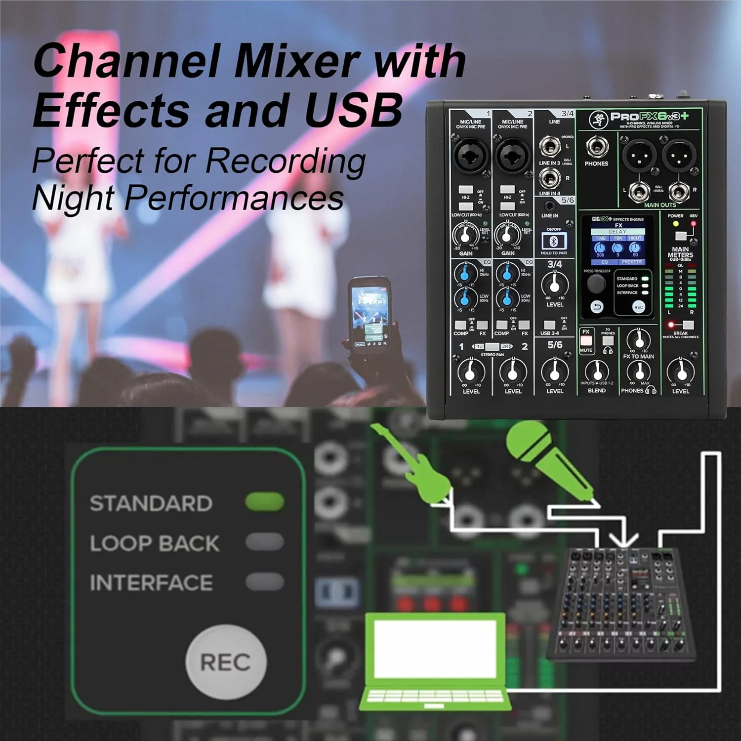 میکسر 6 کاناله Mackie ProFX6v3+ با افکت، بلوتوث و USB به همراه هدفون استودیویی و 2 کابل XLR