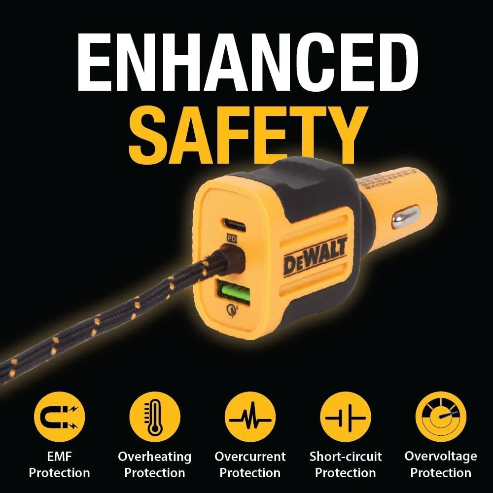 شارژر فندکی USB پنج پورت 72 واتی DEWALT، شارژر چندگانه USB برای آیفون 16، آداپتور فندکی شارژ سریع PD و QC3.0 با کابل 6 فوتی، شارژ Type C جلو/عقب برای دستگاه های متعدد