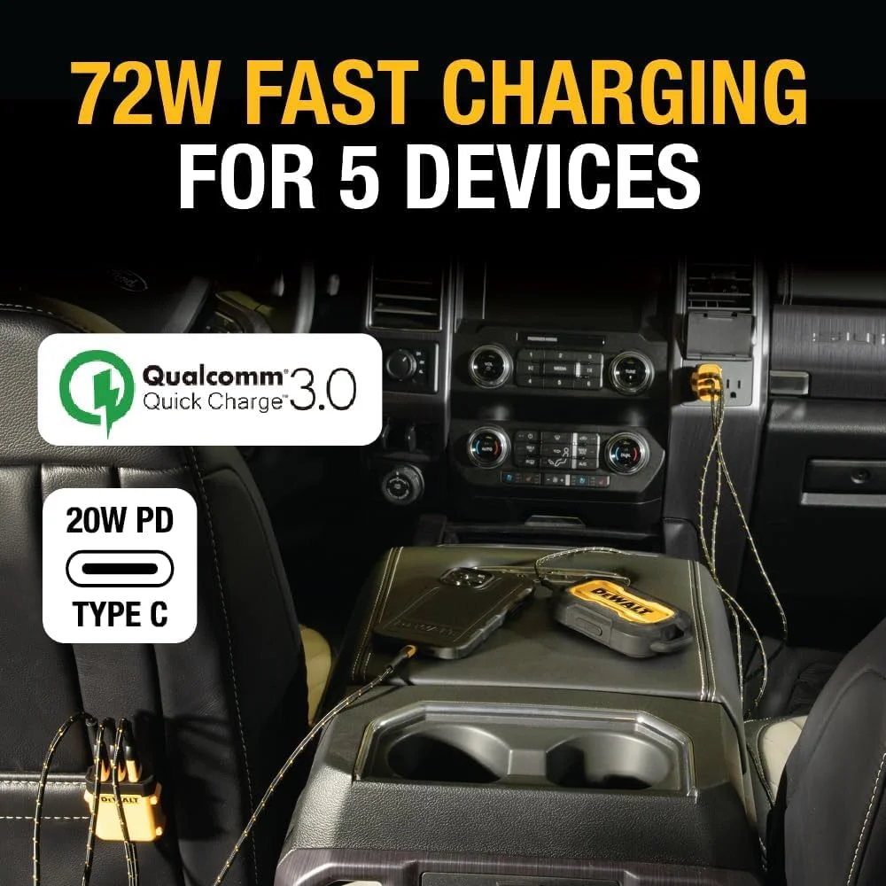 شارژر فندکی USB پنج پورت 72 واتی DEWALT، شارژر چندگانه USB برای آیفون 16، آداپتور فندکی شارژ سریع PD و QC3.0 با کابل 6 فوتی، شارژ Type C جلو/عقب برای دستگاه های متعدد