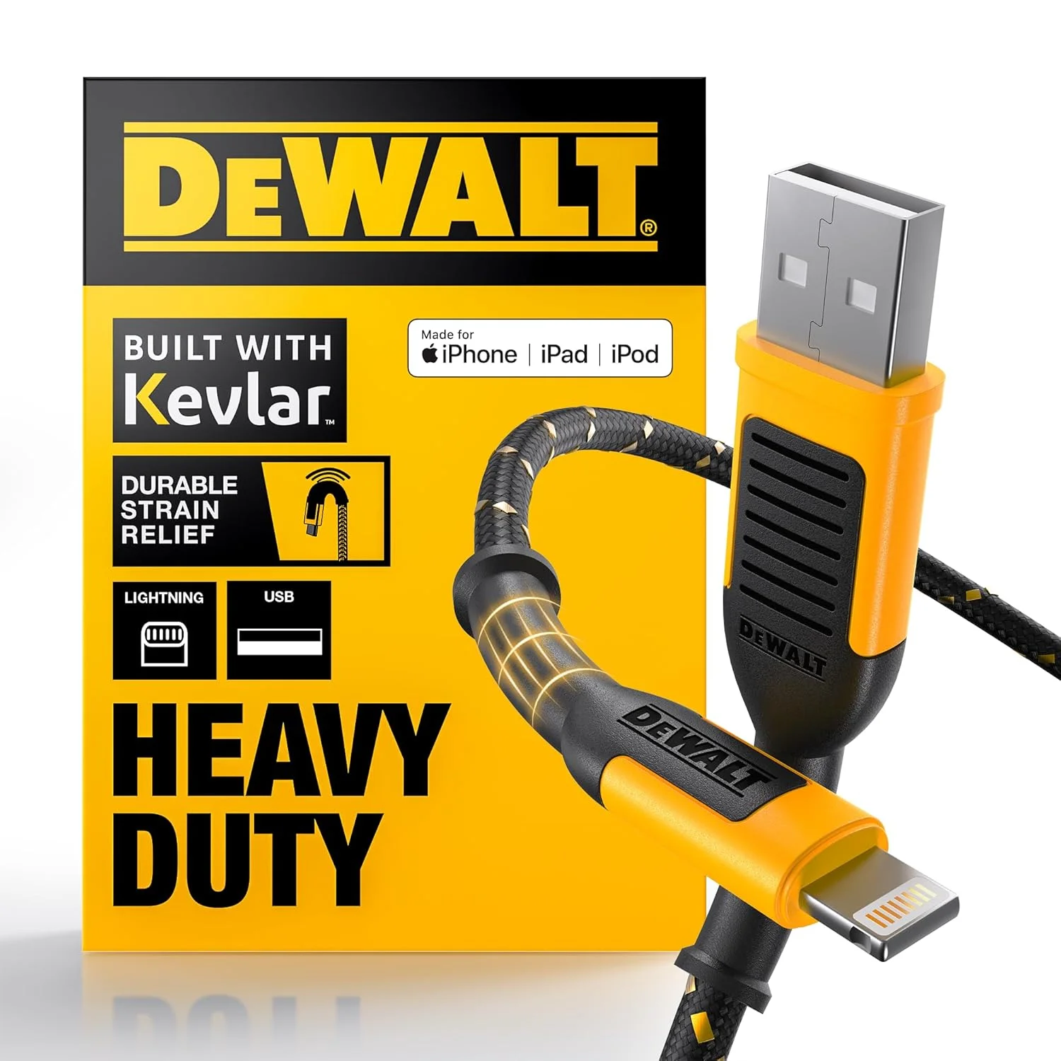 کابل تبدیل USB به لایتنینگ DEWALT با قدرت بالا [دارای گواهی Apple MFi] کابل شارژ بادوام آیفون، کابل های لایتنینگ، سیم شارژر سریع آیفون سازگار با آیفون های 14/13/12/11 پرو مکس آیپد ایرپاد، 1.2 متر