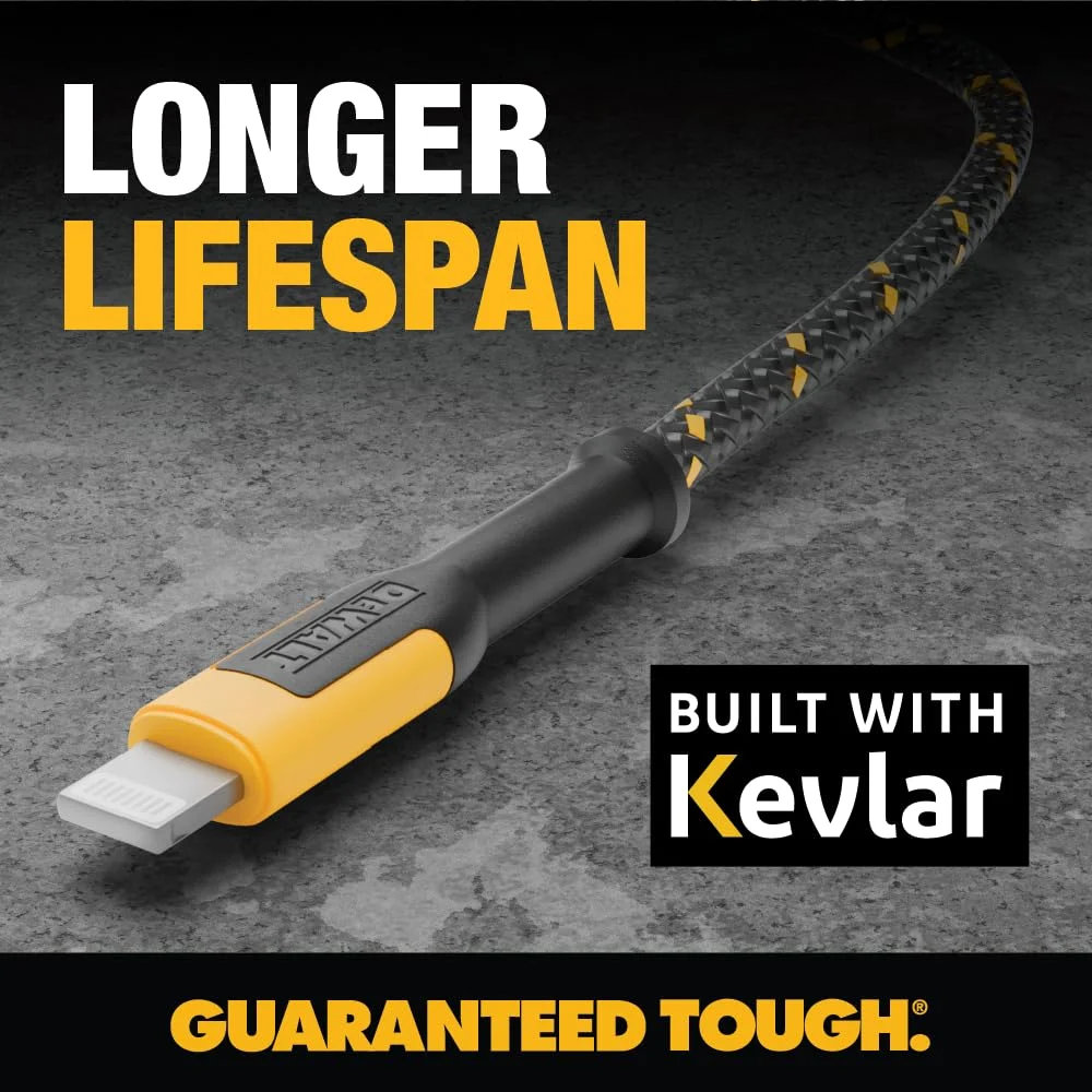 کابل تبدیل USB به لایتنینگ DEWALT با قدرت بالا [دارای گواهی Apple MFi] کابل شارژ بادوام آیفون، کابل های لایتنینگ، سیم شارژر سریع آیفون سازگار با آیفون های 14/13/12/11 پرو مکس آیپد ایرپاد، 1.2 متر