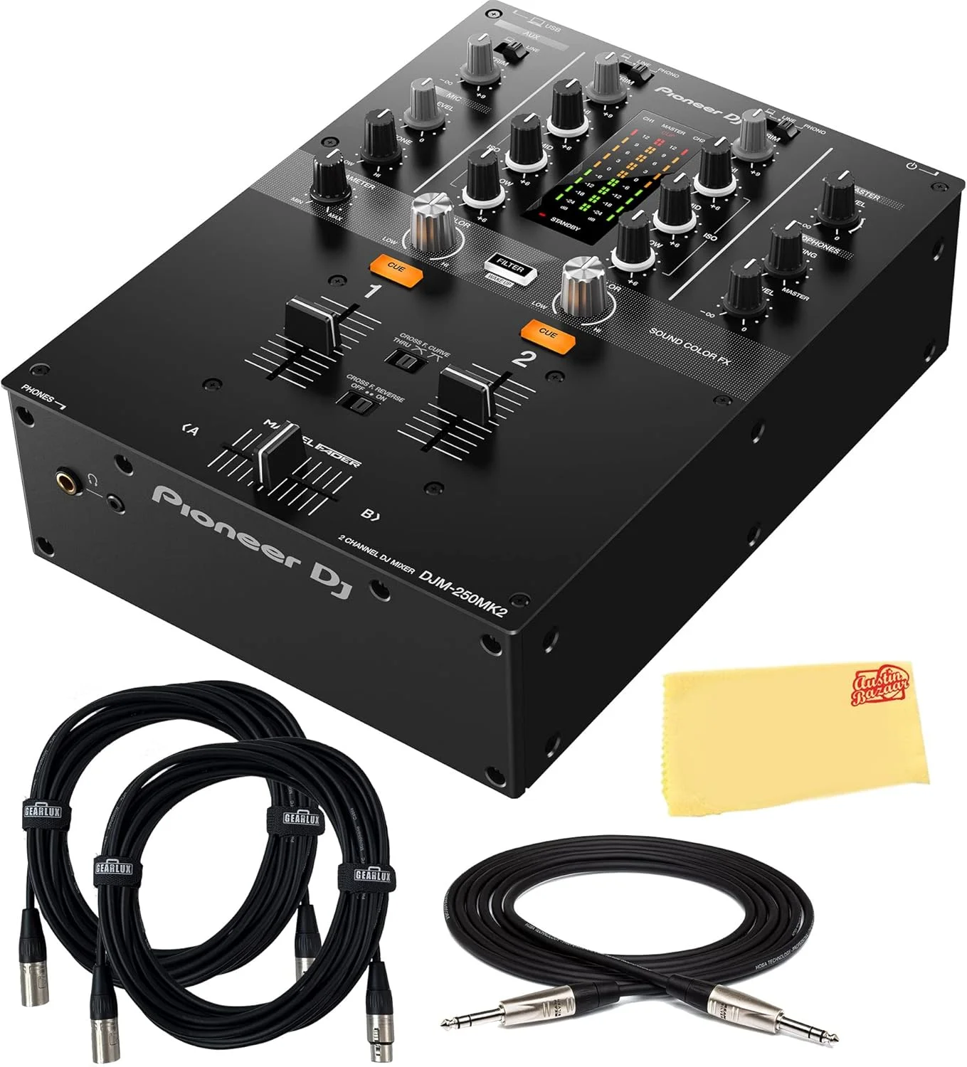میکسر دی‌جی ۲ کاناله Pioneer DJM-250MK2 با فیلتر مستقل کانال - همراه با کابل TRS، ۲ کابل XLR و پارچه پولیش Austin Bazaar