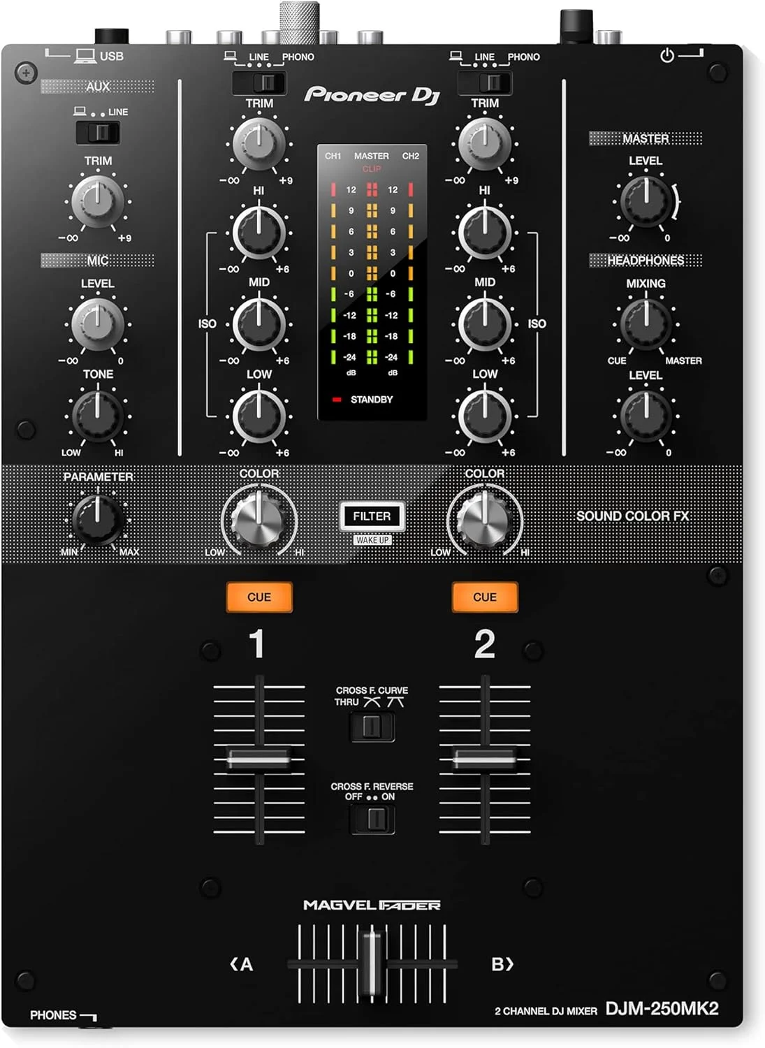 میکسر دی‌جی ۲ کاناله Pioneer DJM-250MK2 با فیلتر مستقل کانال - همراه با کابل TRS، ۲ کابل XLR و پارچه پولیش Austin Bazaar