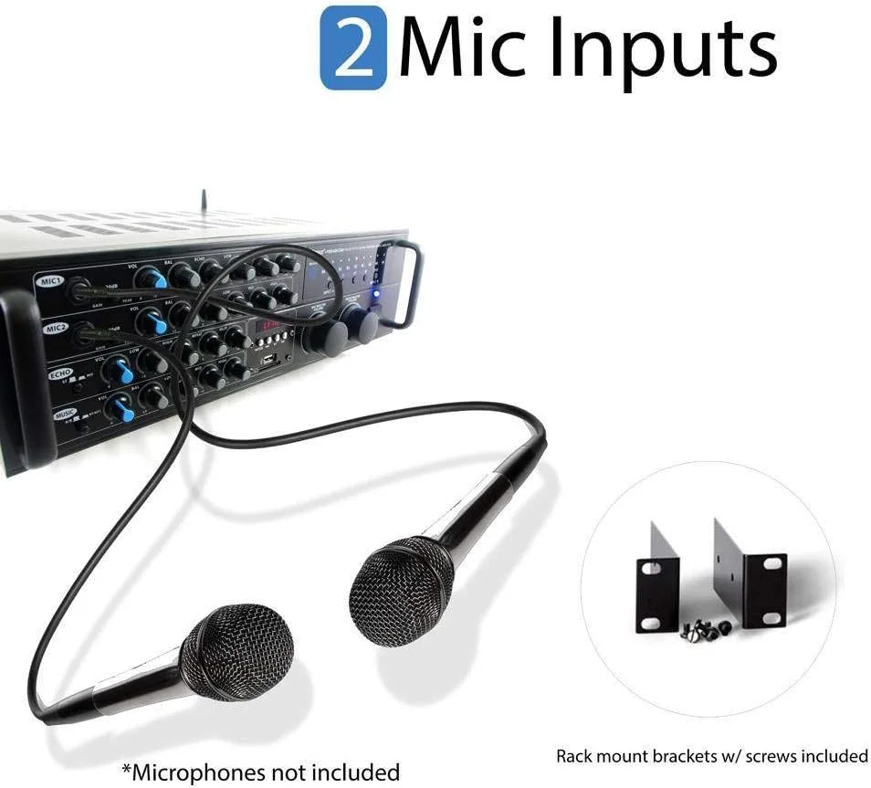 آمپلی فایر میکسر بلوتوث دو کاناله پایل - سیستم جعبه رسیور استریو صوتی خانگی کارائوکه 2000 وات با قابلیت نصب در رک با RCA، USB، AUX - برای بلندگو، PA، سینمای خانگی، استودیو/استیج - PMXAKB2000