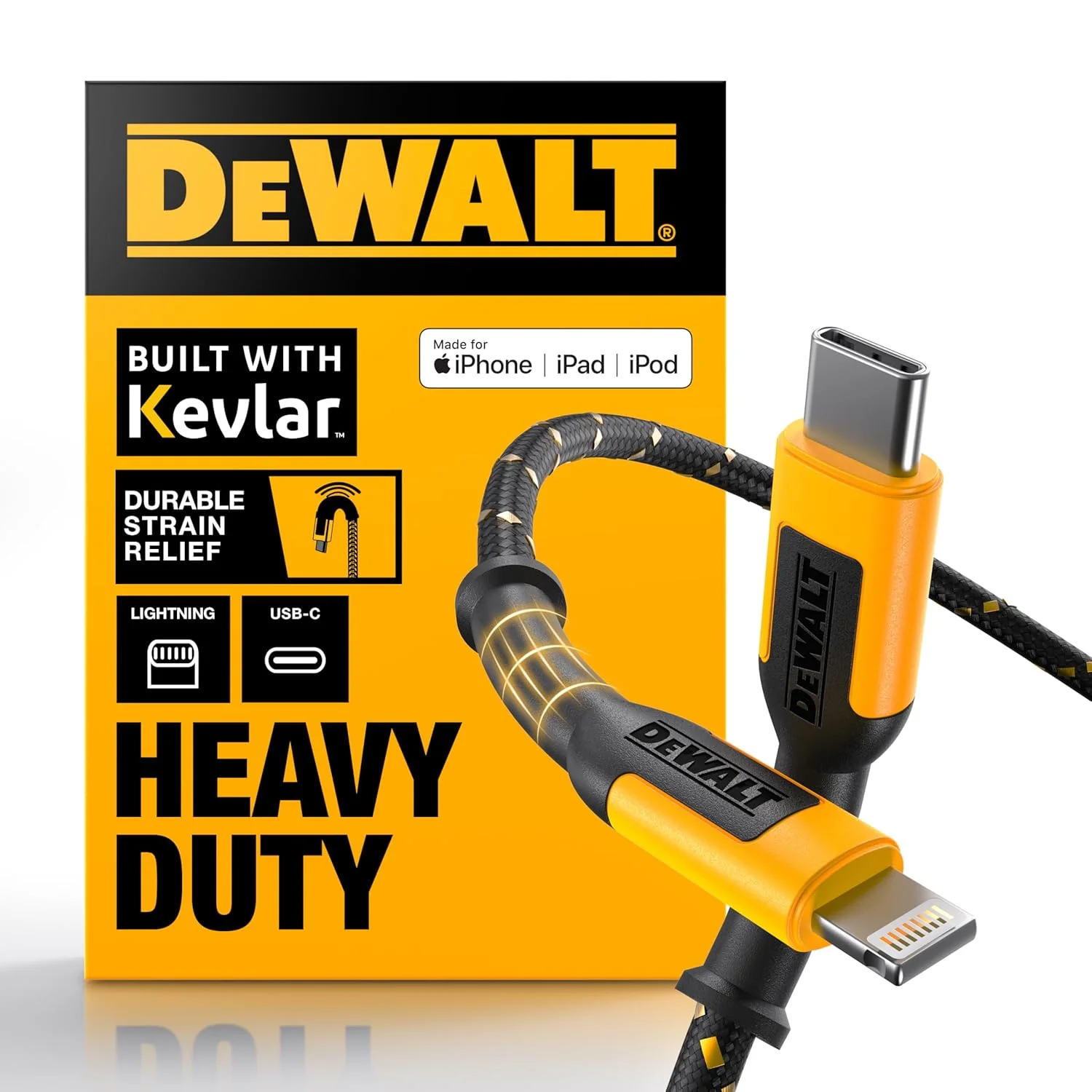 کابل تبدیل USB-C به لایتنینگ DEWALT با استحکام بالا [دارای گواهی Apple MFi] کابل شارژ بادوام آیفون، کابل های لایتنینگ، کابل شارژ سریع آیفون سازگار با آیفون های 14/13/12/11 پرو مکس آیپد ایرپاد، 1.8 متر