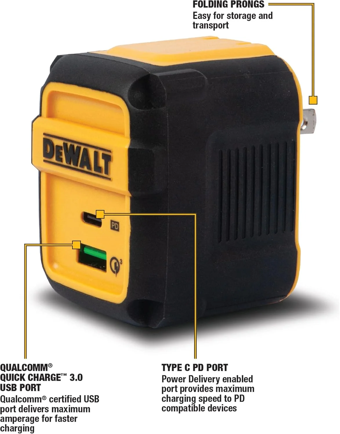 DEWALT Heavy Duty 49.5W Dual USB & USB C Charger Block (Cable Not Included), USBC Power Adapter, 2 Port Compact Foldable Fast Wall Charger for iPhone 17/16/15/14 Galaxy Pixel 4/3 iPad - Black & Yellow DEWALT Heavy Duty 49.5W Dual USB & USB C Charger Block (Cable Not Included), USBC Power Adapter, 2 Port Compact Foldable Fast Wall Charger for iPhone 17/16/15/14 Galaxy Pixel 4/3 iPad - Black & Yellow
