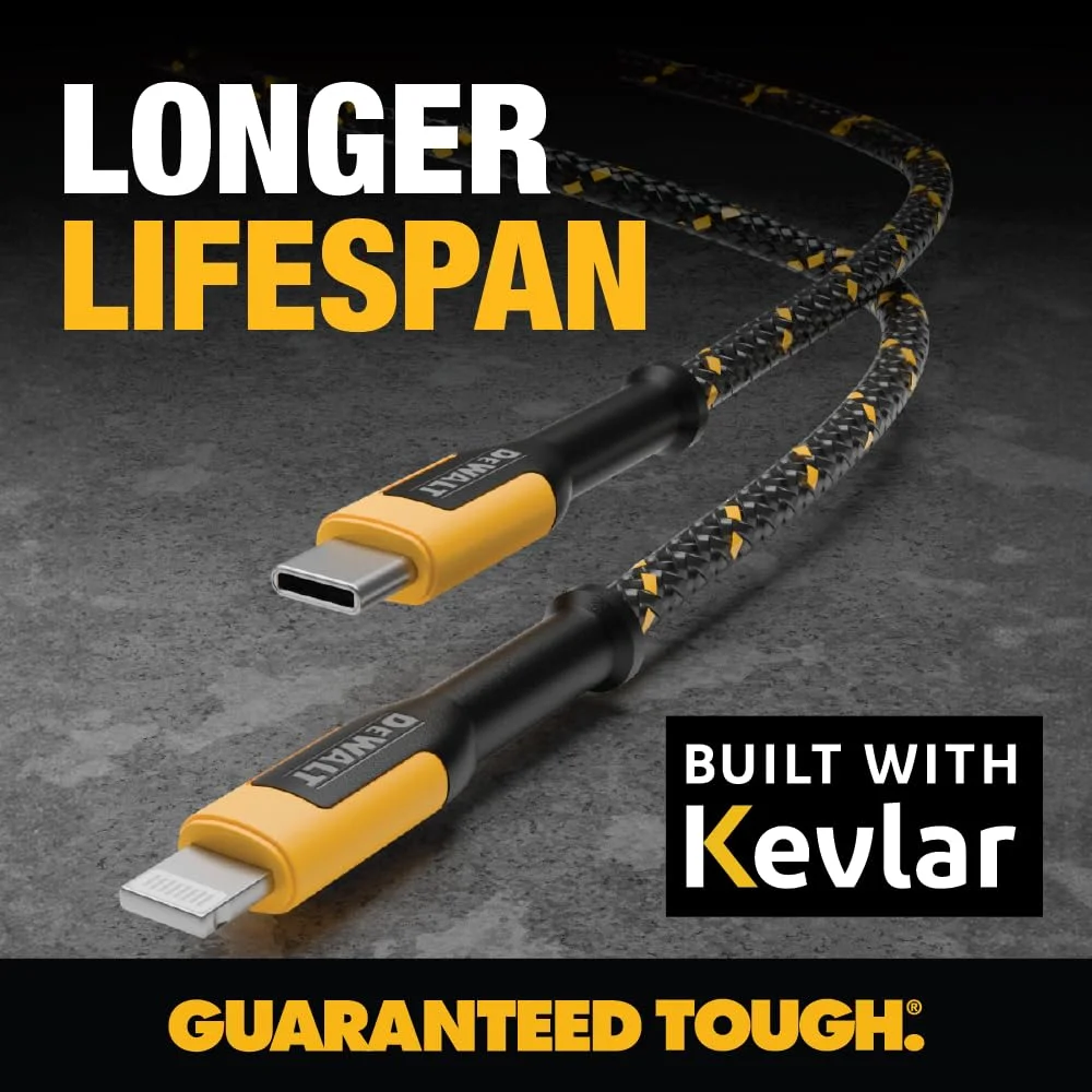کابل تبدیل USB-C به لایتنینگ DEWALT با استحکام بالا [دارای گواهی Apple MFi] کابل شارژ بادوام آیفون، کابل های لایتنینگ، کابل شارژ سریع آیفون سازگار با آیفون های 14/13/12/11 پرو مکس آیپد ایرپاد، 1.8 متر