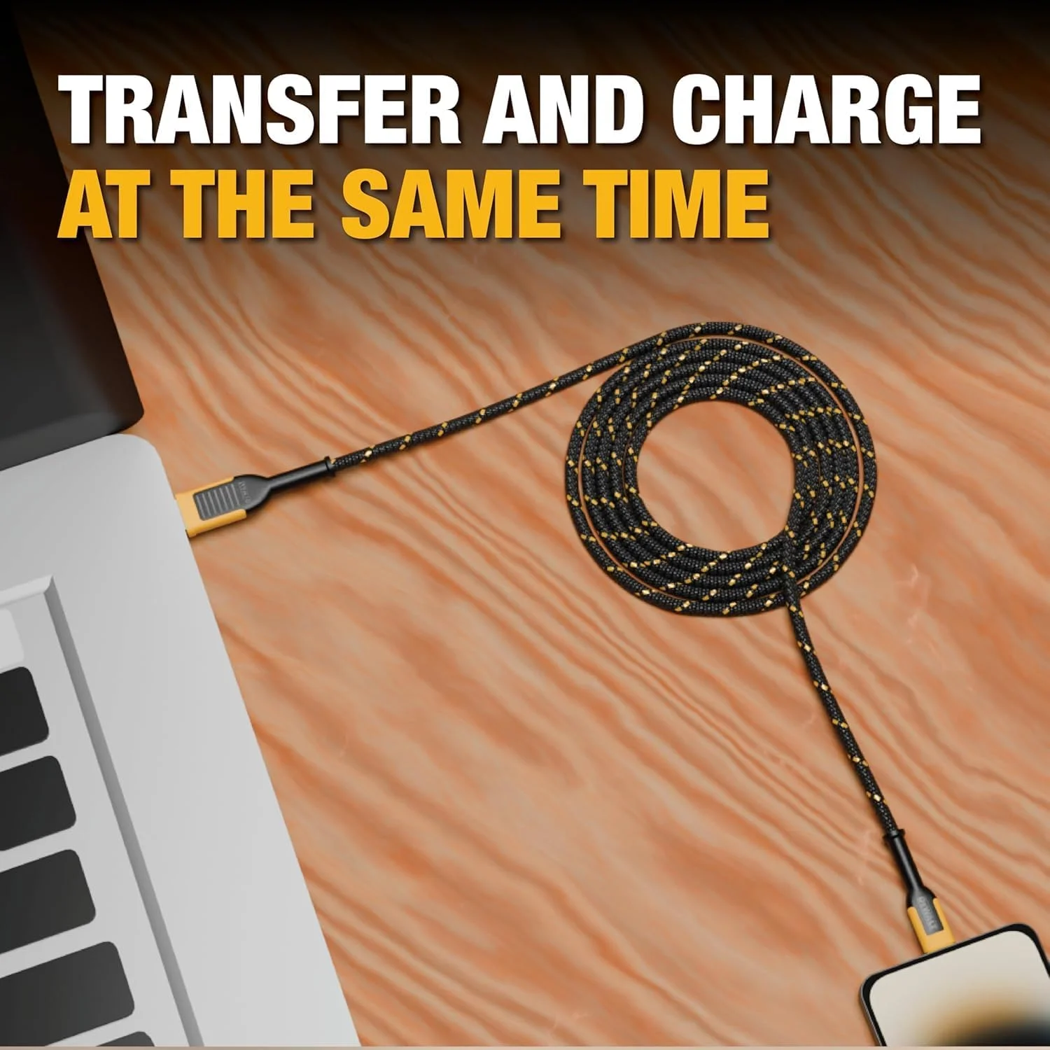 کابل USB به USB-C دو عددی سنگین DEWALT، 1.8 متری، کابل شارژر Type-C سریع و مقاوم، کابل Type-C بافته شده بادوام به USB-A، شارژ سریع برای iPhone 17 16 15 Pro Max Plus Samsung Galaxy S24