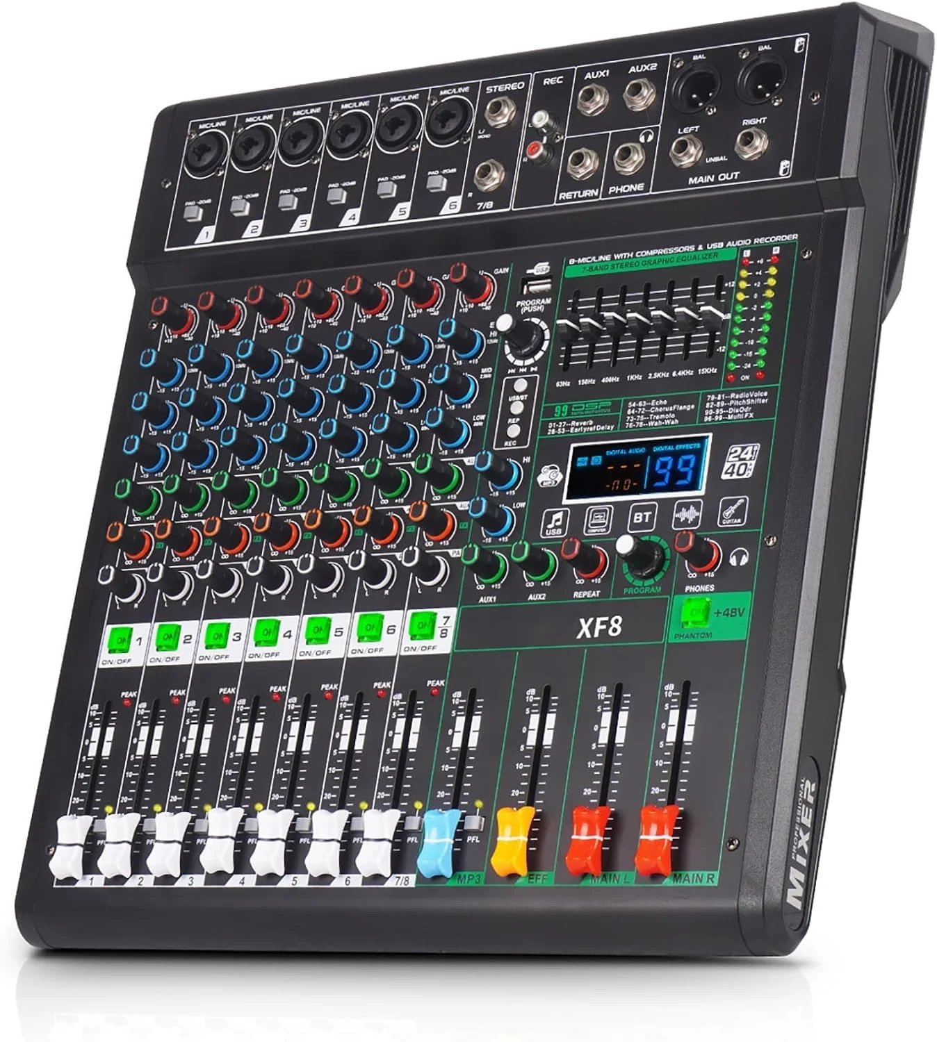 میکسر صوتی حرفه ای XF8، کنسول برد صدا، رابط سیستم رومیزی 8 کانال دیجیتال USB بلوتوث MP3 ورودی کامپیوتر منبع تغذیه فانتوم 48 ولت با 99 افکت ریورب داخلی (XF8)