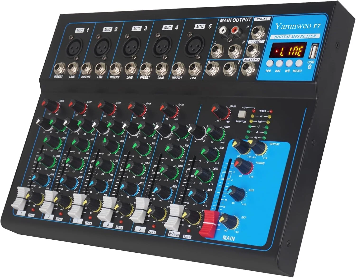میکسر حرفه ای GH7 (7 کانال) برای ضبط، دی جی، استیج، کارائوکه، اپلیکیشن موسیقی با درایو USB و BT