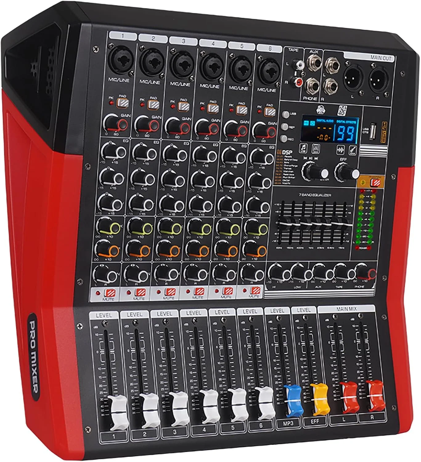 میکسر حرفه ای 6 کاناله TF600 با بلوتوث و آمپلی فایر داخلی 2 * 450W، اکولایزر 7 مرحله ای، 99 افکت DSP، ورودی USB برای ضبط صدا