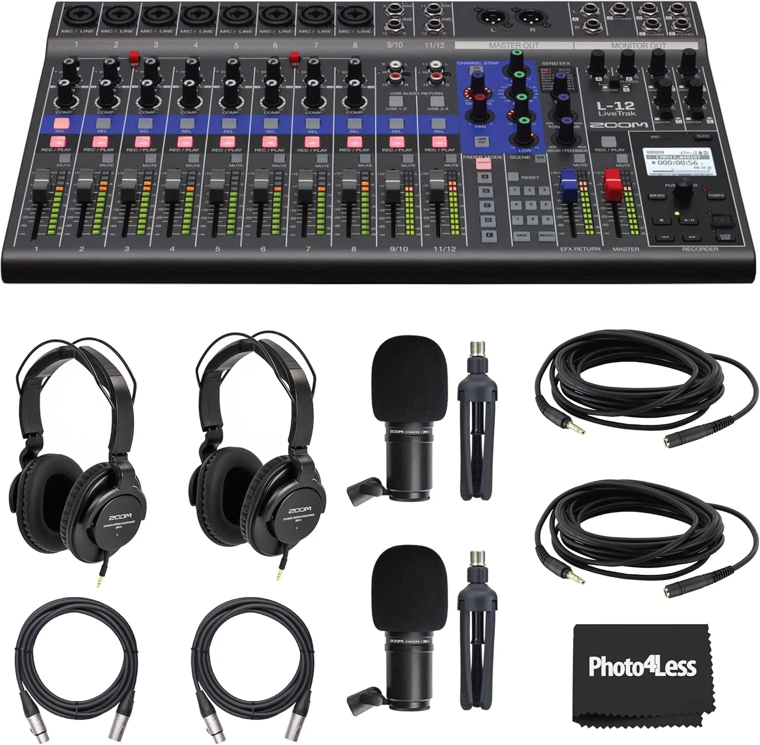 مجموعه میکسر دیجیتال و ضبط چند مسیره Zoom LiveTrak L-12 به همراه میکروفون دینامیک پادکست Zoom ZDM-1، هدفون ZHP-1، سه پایه TPS-4، بادگیر و کابل XLR