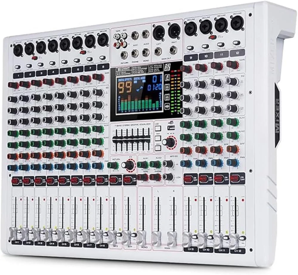 میکسر صوتی 12 کاناله چند منظوره GF12PRO با صفحه نمایش رنگی LCD بزرگ، میکسر اجرای صحنه، قطع صدای مستقل ایزوله شده، اکولایزر 7 مرحله ای داخلی و 99 ریورب DJ میکسر برای اجراها