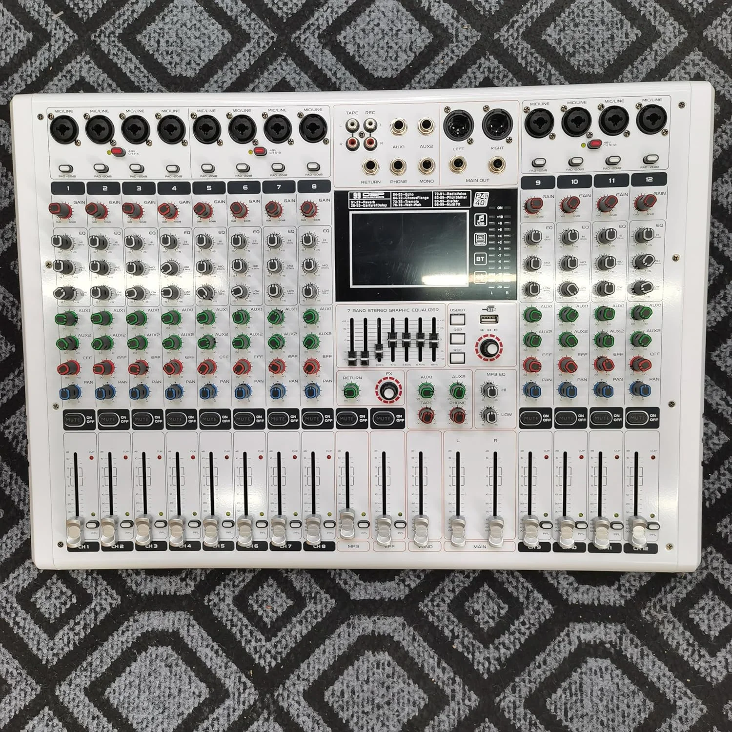 میکسر صوتی 12 کاناله چند منظوره GF12PRO با صفحه نمایش رنگی LCD بزرگ، میکسر اجرای صحنه، قطع صدای مستقل ایزوله شده، اکولایزر 7 مرحله ای داخلی و 99 ریورب DJ میکسر برای اجراها