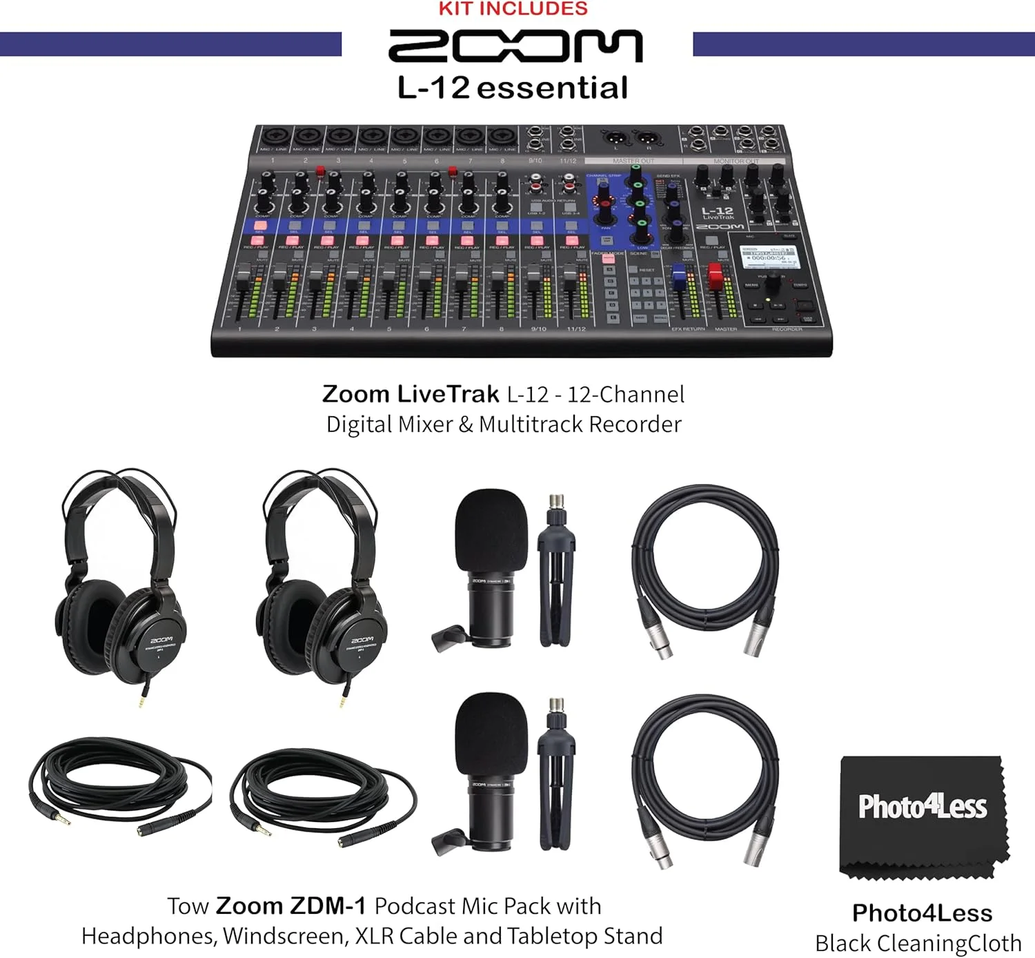 مجموعه میکسر دیجیتال و ضبط چند مسیره Zoom LiveTrak L-12 به همراه میکروفون دینامیک پادکست Zoom ZDM-1، هدفون ZHP-1، سه پایه TPS-4، بادگیر و کابل XLR