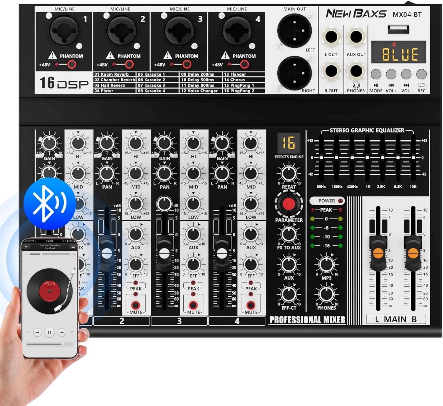 میکسر صوتی حرفه ای، سیستم مانیتور کنسول میکس برد صدا با 4 کانال، میکسر بلوتوثی DJ DSP 16 بیتی +48 ولت فانتوم افکت برای استودیو کارائوکه و ضبط استریم