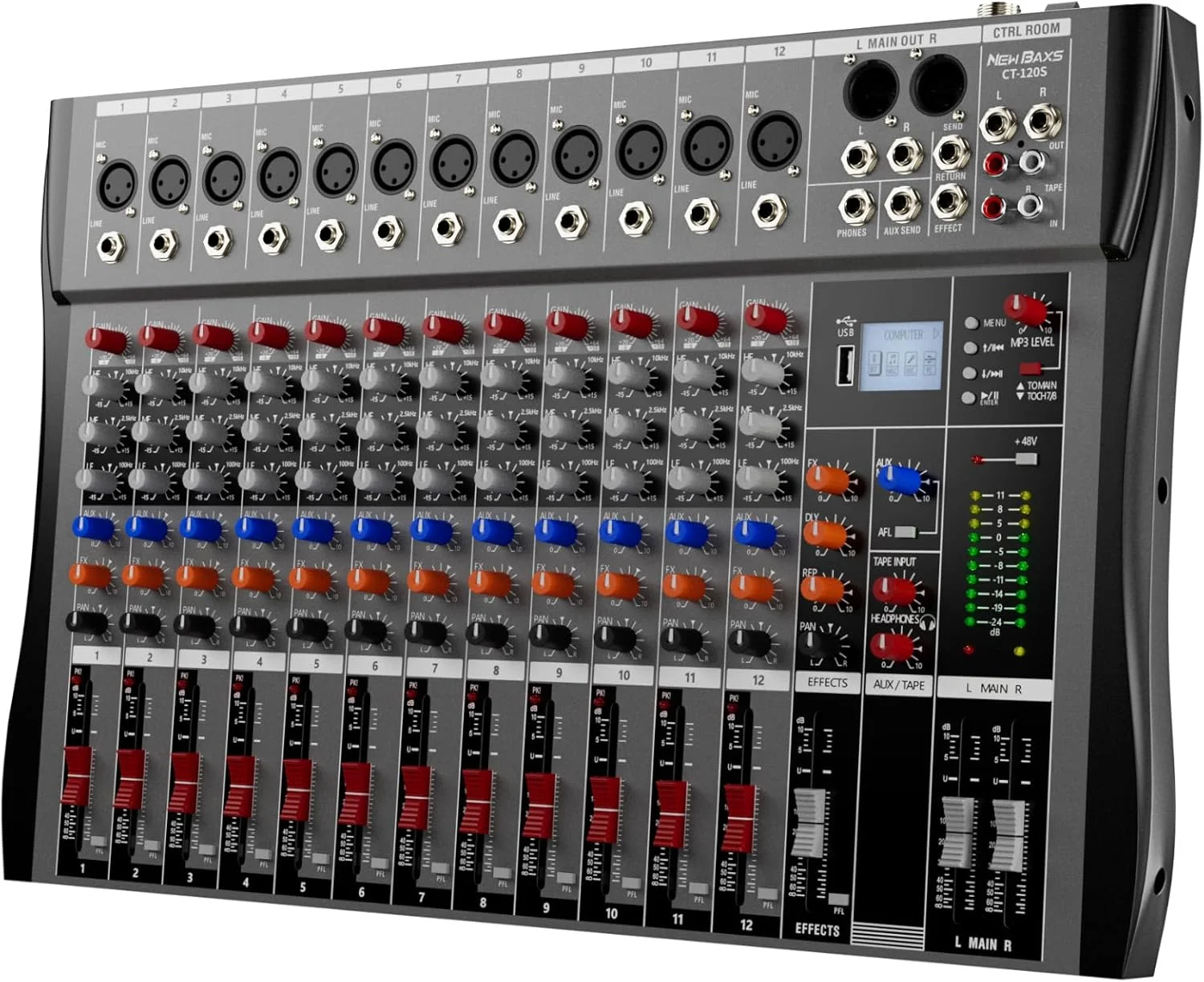 میکسر صوتی حرفه ای DJ، میکسر صوتی 12 کاناله، میکسر صدا بلوتوثی، رابط USB، ورودی 12 میکروفون/لاین XLR، AUX، پردازنده FX MP3، هدفون، فانتوم 48 ولت برای استریمینگ استودیویی کارائوکه
