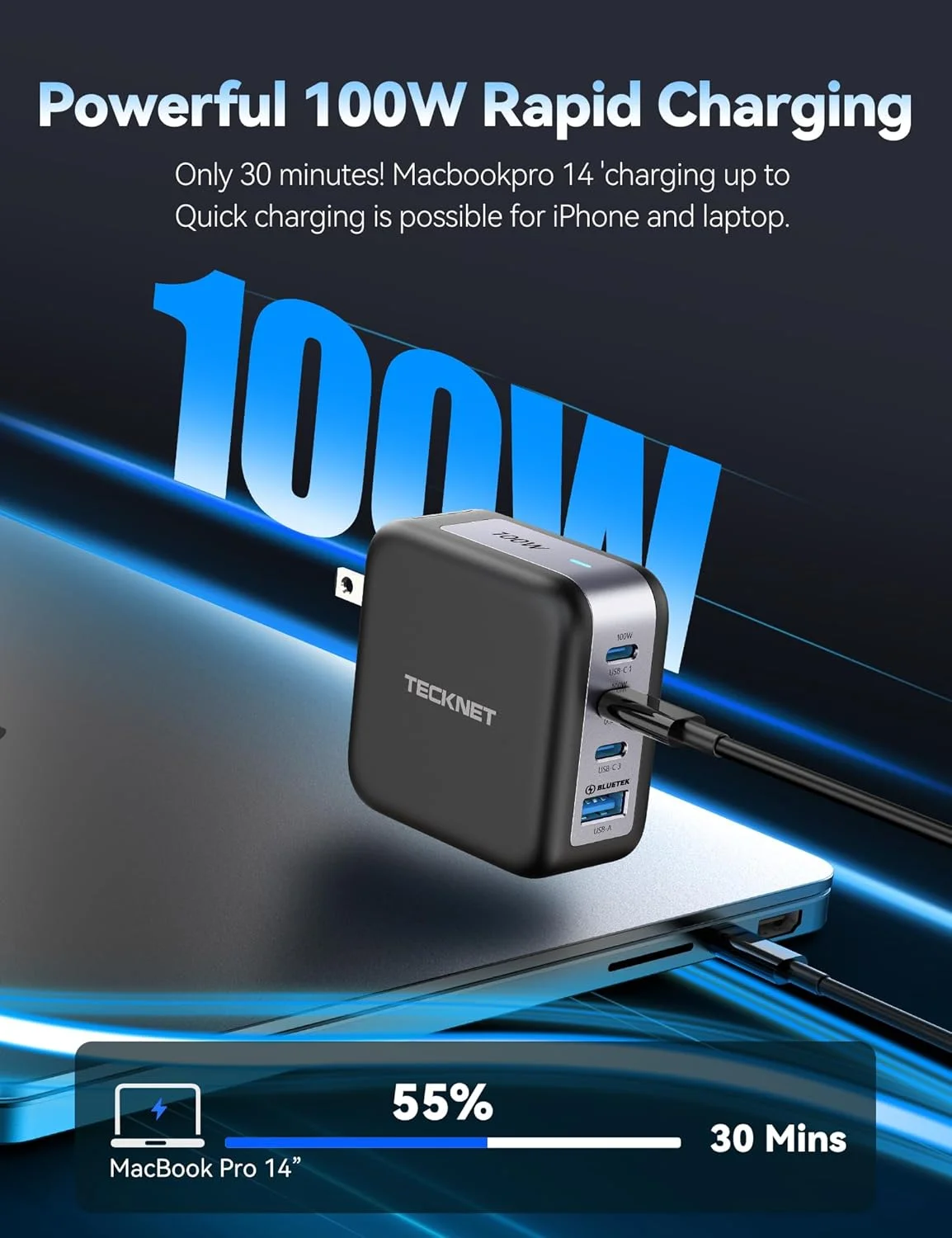 شارژر دیواری سریع TECKNET 100W USB C، آداپتور برق تاشو 4 پورت PD 3.0 GaN با کابل Type C برای آیفون 16/15/14/13 پرو، مک بوک پرو، آیپد، ایرپادز، دل XPS، پیکسل، سامسونگ، سوییچ