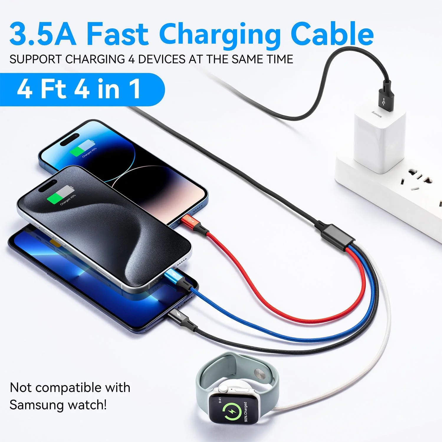 کابل شارژ چند منظوره 4 در 1 برای شارژر اپل واچ/لایتنینگ/میکرو/USB C، لوازم ضروری کمپینگ مسافرتی، طراحی قابل حمل برای سری iWatch و آیفون، گلکسی - 1.2 متر