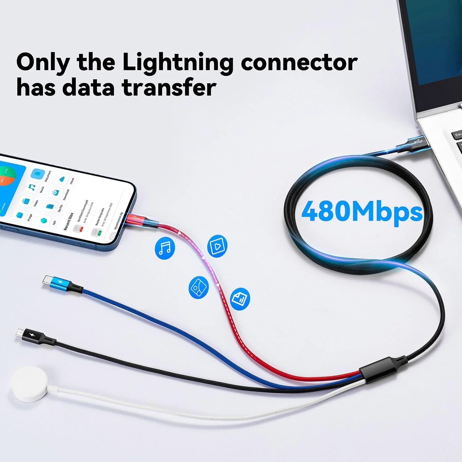 کابل شارژ چند منظوره 4 در 1 برای شارژر اپل واچ/لایتنینگ/میکرو/USB C، لوازم ضروری کمپینگ مسافرتی، طراحی قابل حمل برای سری iWatch و آیفون، گلکسی - 1.2 متر