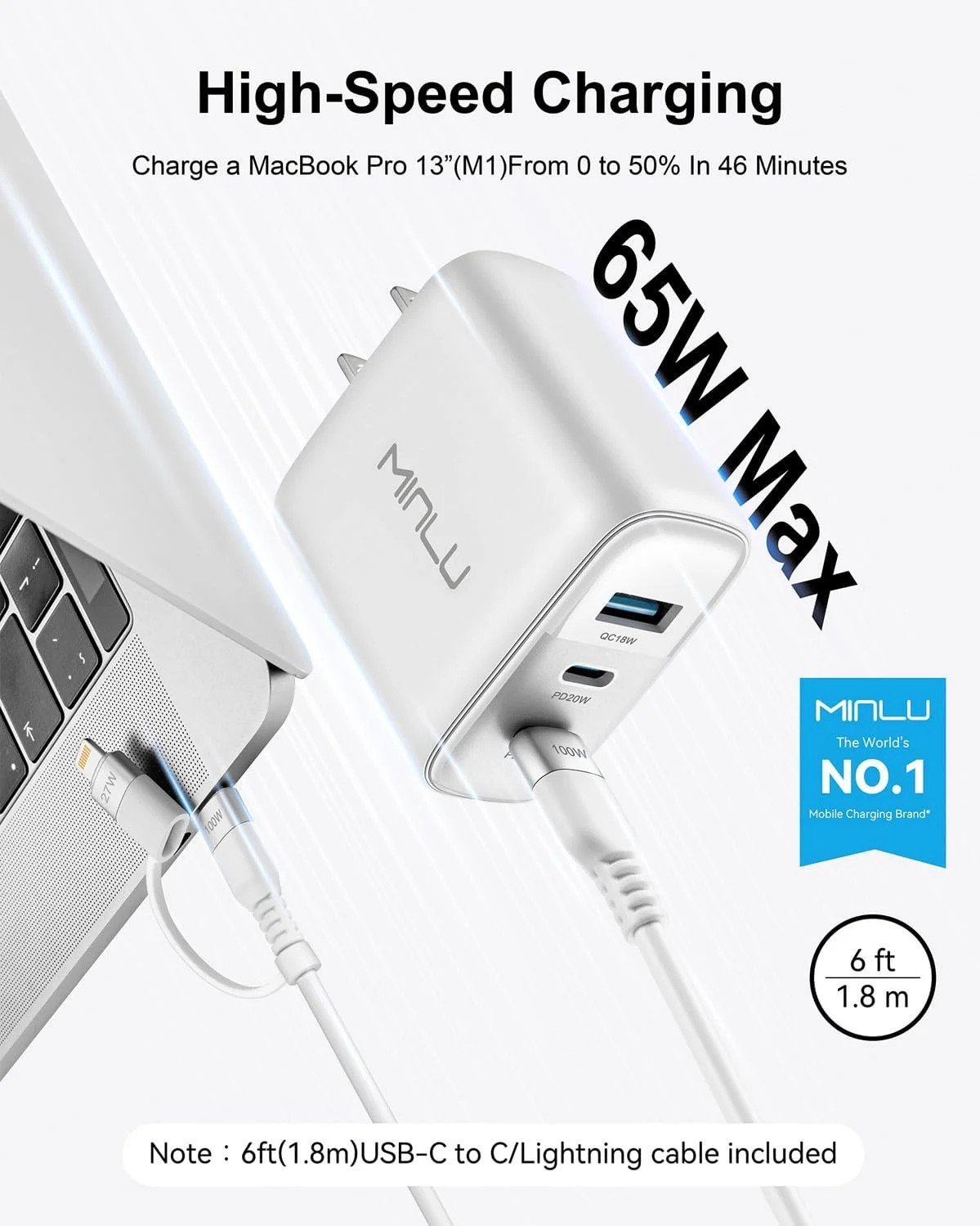 آداپتور شارژر دیواری 65 واتی MINLU USB C، شارژر سریع و جمع و جور GaN با 3 پورت PPS Type C به همراه کابل 2 در 1 USB-C/L با توان 100 وات و طول 1.8 متر، شارژ سریع برای MacBook Pro/Air، iPad، iPhone 17/16/15 و سری های بیشتر، Galaxy S24 Ultra