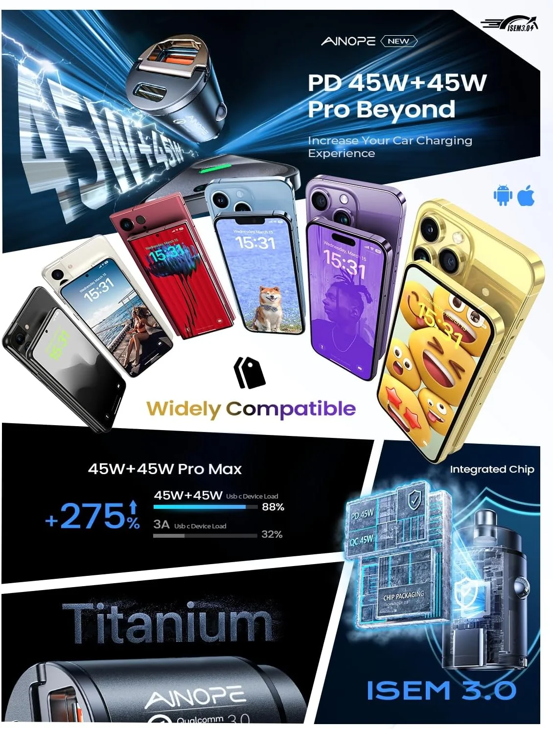 شارژر فندکی USB C سریع 90 واتی AINOPE 17 Air iPhone 16 15 Pro Max، [کوچکترین فلزی] شارژر فندکی USB C PD45W+QC3.0 دو پورت آیپد Samsung Galaxy S25/S24، اندروید، مشکی