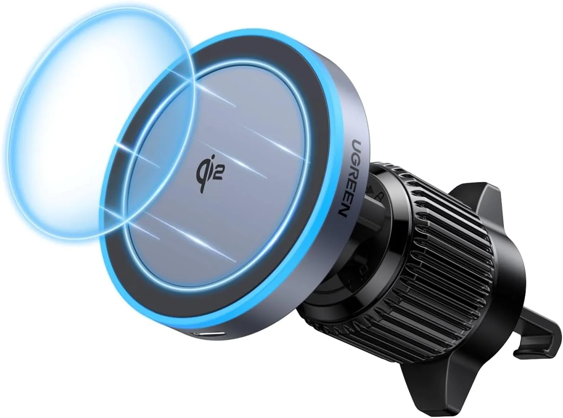 شارژر بی‌سیم خودرو UGREEN Qi2، شارژ سریع 15 واتی، نگهدارنده مغناطیسی قوی گوشی با چراغ LED برای سری آیفون 17/16/15/14/13/12، لوازم جانبی خودرو
