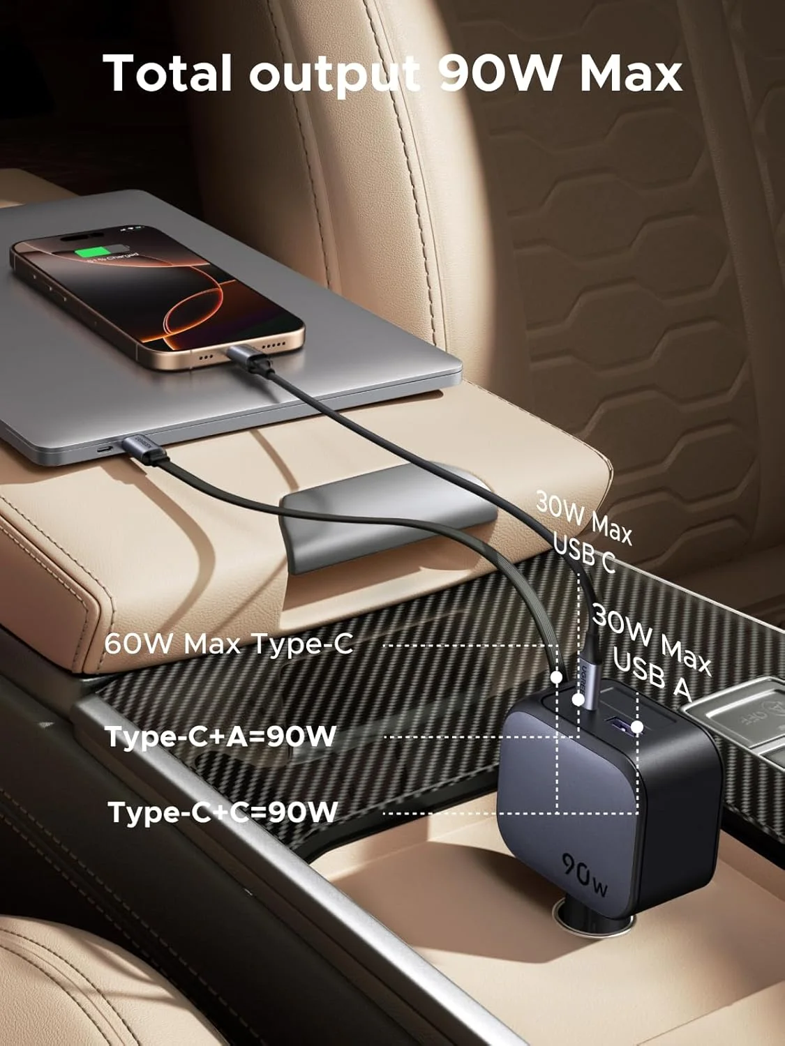 شارژر فندکی جمع شونده 90 واتی UGREEN، شارژر سریع تلفن همراه 3 پورت USB C با کابل Type C، آداپتور فندکی سازگار با MacBook، iPhone 17 16 15 Pro Max، Galaxy S25 S24 Ultra، iPad شارژر فندکی جمع شونده 90 واتی UGREEN، شارژر سریع تلفن همراه 3 پورت USB C با کابل Type C، آداپتور فندکی سازگار با MacBook، iPhone 17 16 15 Pro Max، Galaxy S25 S24 Ultra، iPad