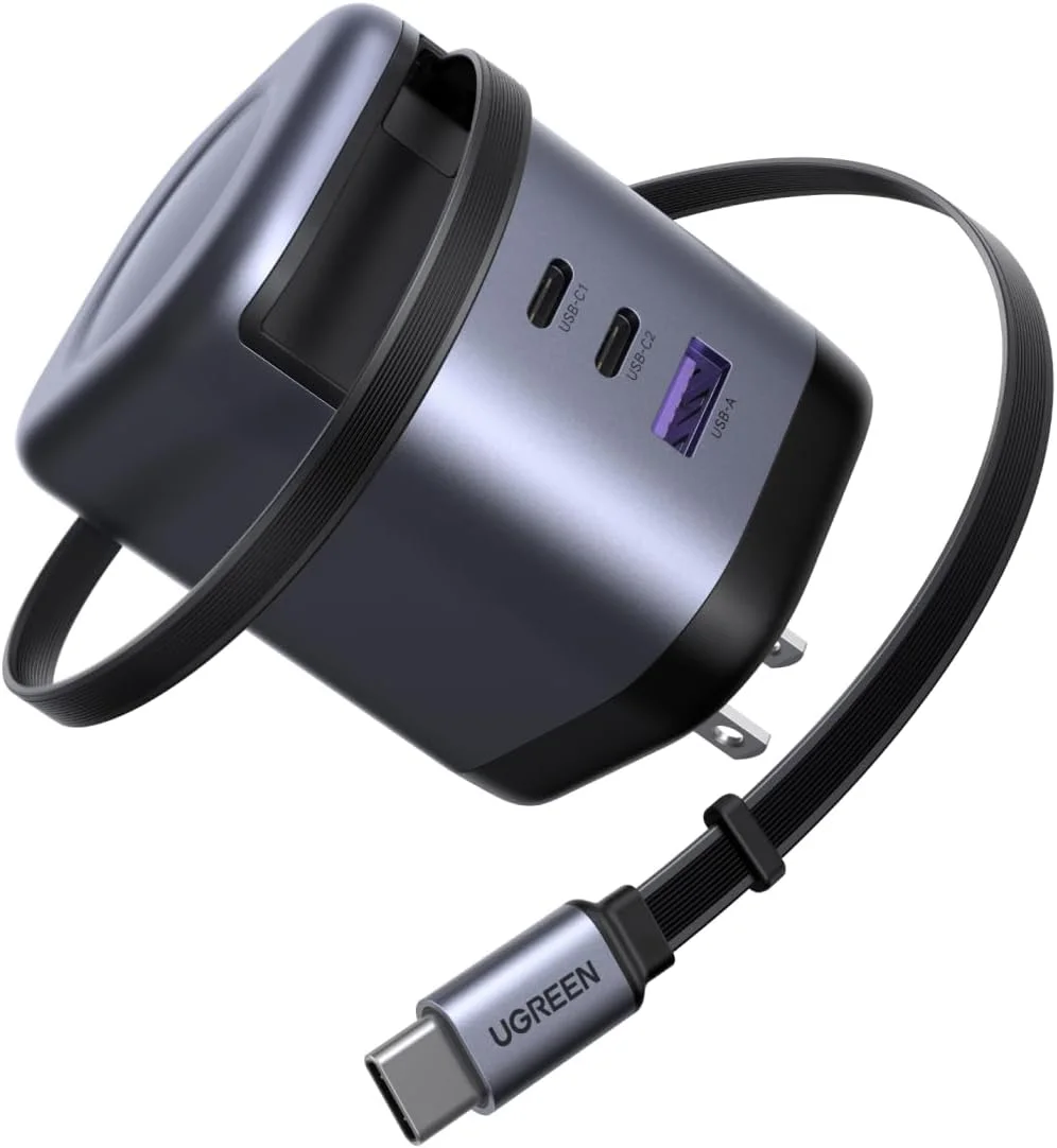 شارژر جمع‌شونده 100 واتی UGREEN Nexode GaN USB C با کابل داخلی، آداپتور دیواری شارژ سریع 3 پورت برای لپ‌تاپ، MacBook Pro/Air، iPhone 17/16، Galaxy S25، Pixel، iPad، MatePad، DJI Drone