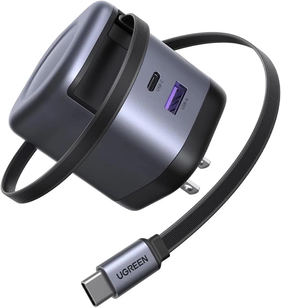 شارژر جمع‌شونده 65 واتی UGREEN Nexode GaN USB C با کابل داخلی، آداپتور دیواری شارژ سریع 2 پورت برای آیفون 17/16/15، گلکسی S25/S24، پیکسل 10/9/8، مک‌بوک پرو/ایر، آیپد، ایرپادز